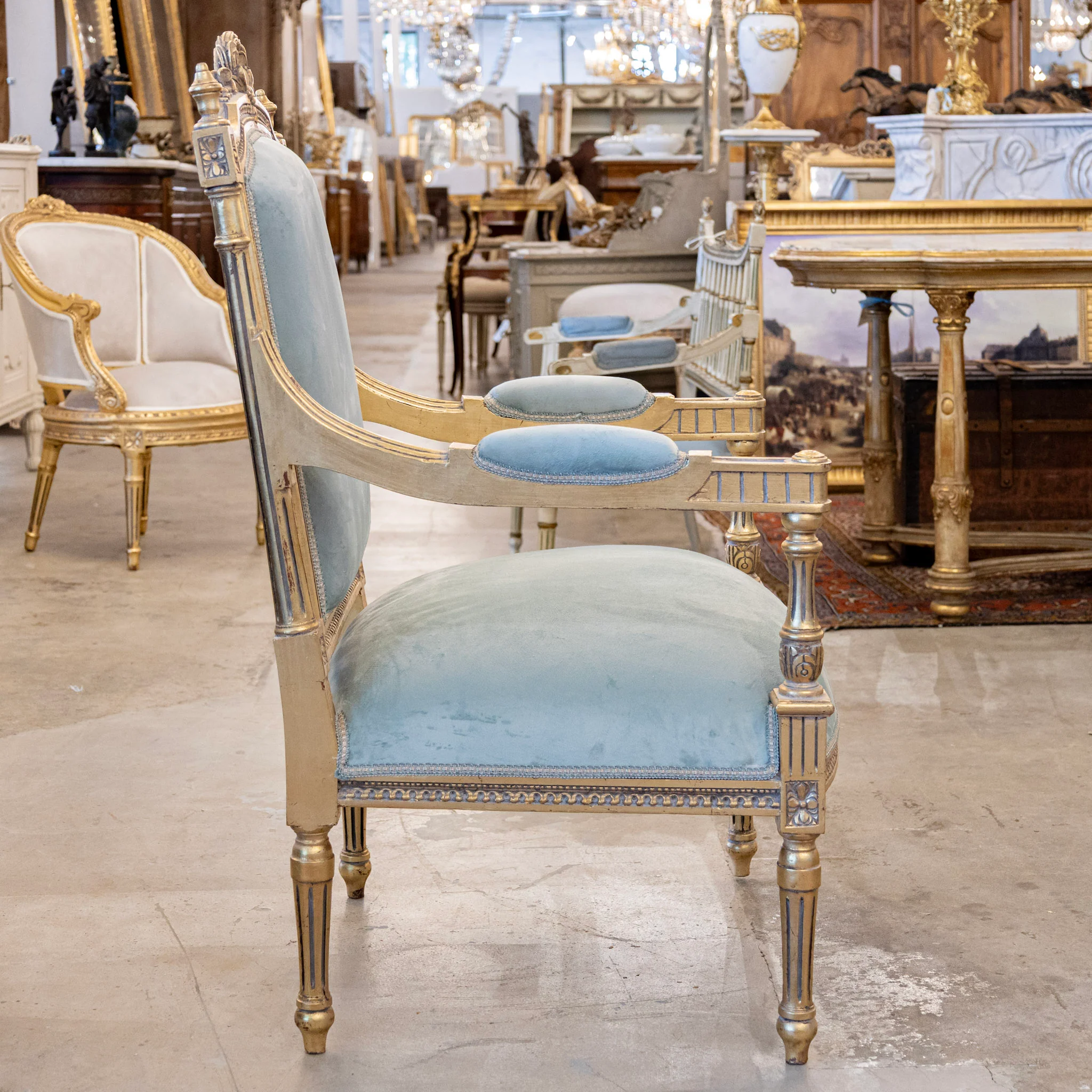 Pair of Louis XVI Gilded Arm Chair – Blue Velvet Upholstery & Wreath Crest - Image 3