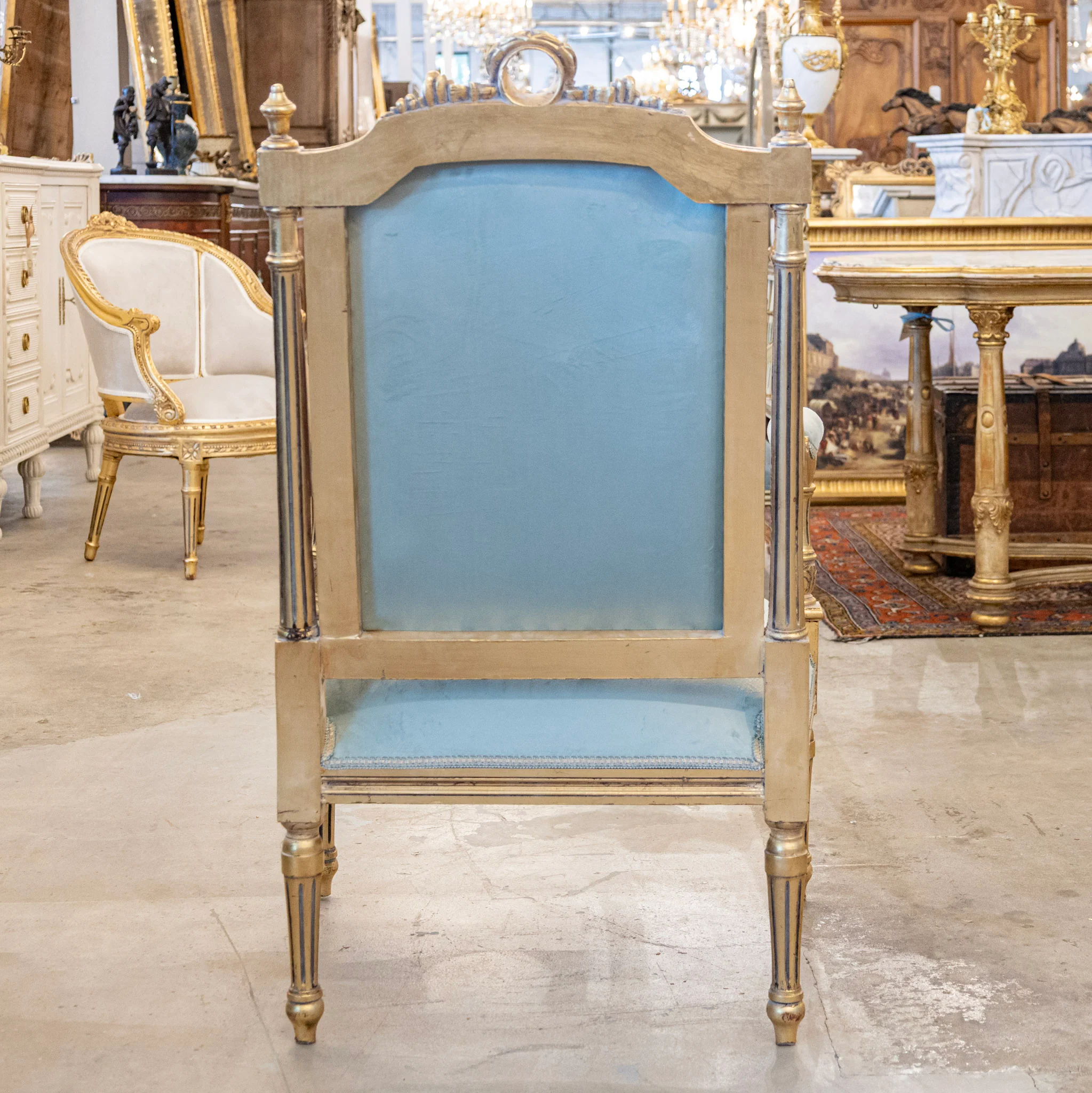Pair of Louis XVI Gilded Arm Chair – Blue Velvet Upholstery & Wreath Crest - Image 4