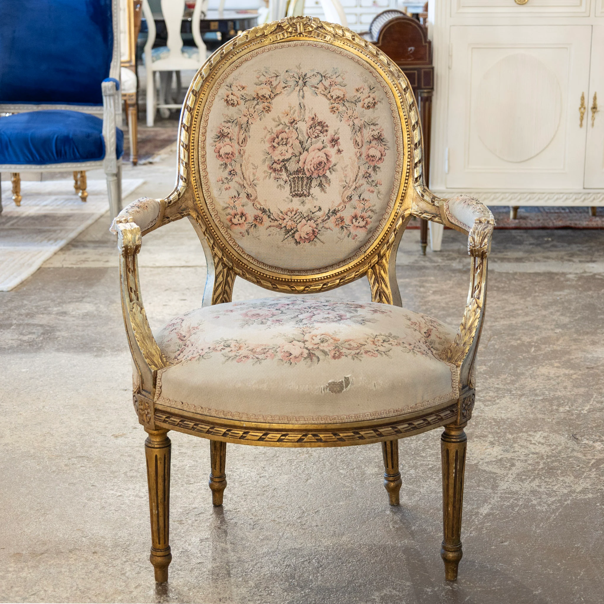 Louis XVI Gilded Armchair – Original Aubusson Floral Upholstery