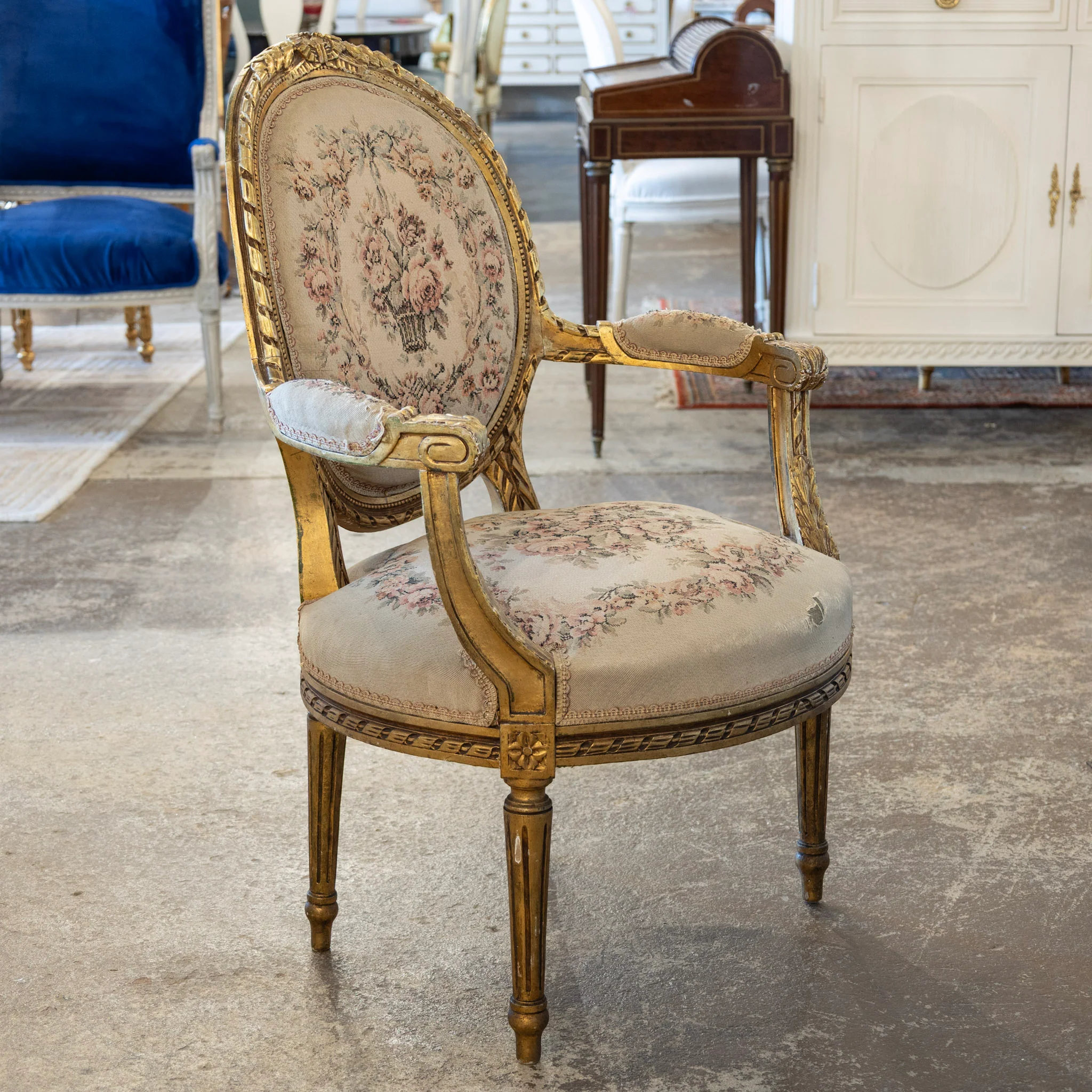 Louis XVI Gilded Armchair – Original Aubusson Floral Upholstery - Image 2