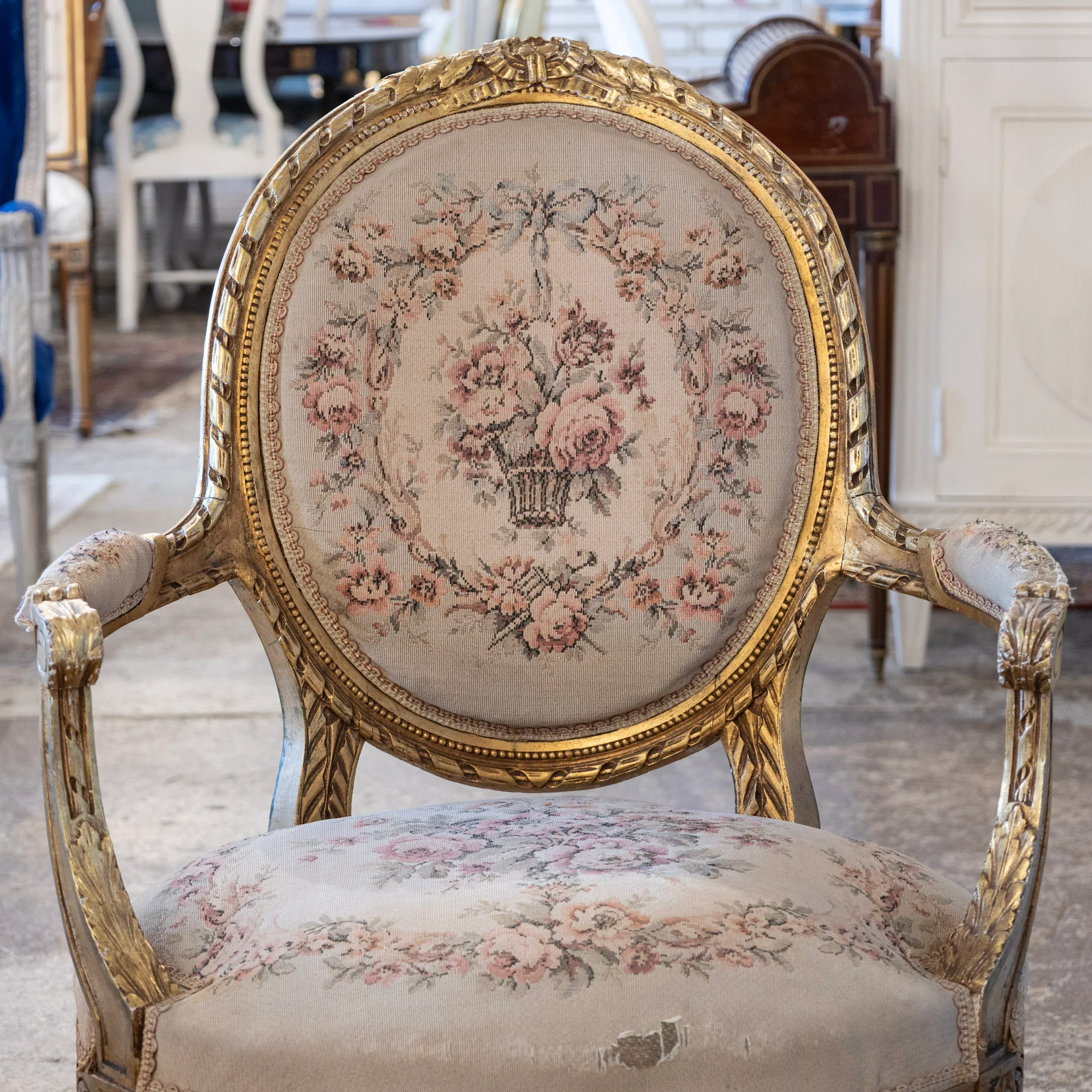 Louis XVI Gilded Armchair – Original Aubusson Floral Upholstery - Image 3