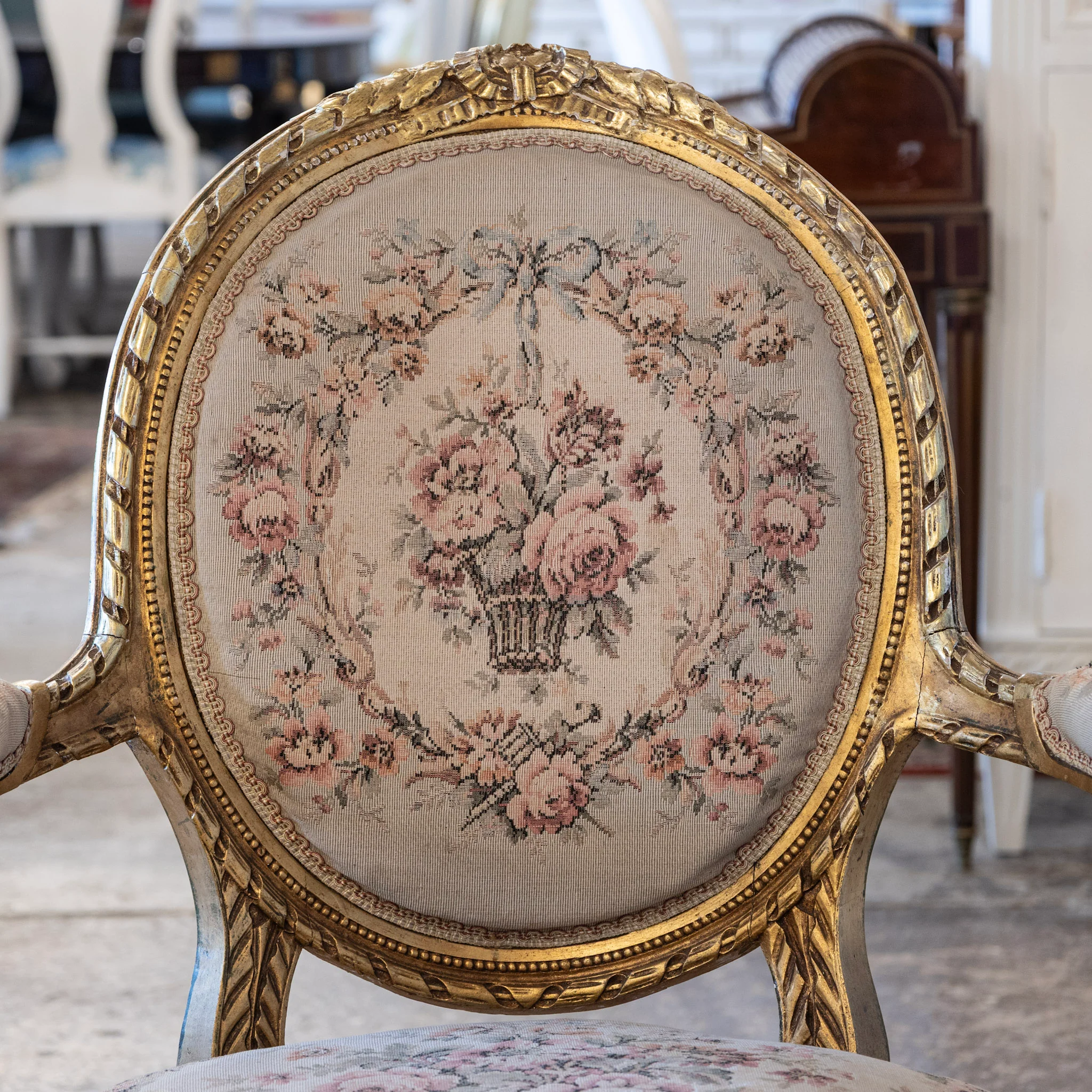 Louis XVI Gilded Armchair – Original Aubusson Floral Upholstery - Image 4