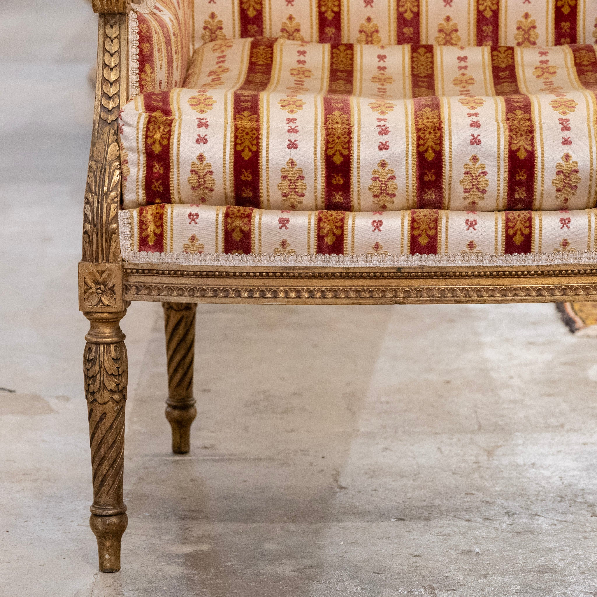 Pair of Louis XVI Gilded Armchairs – Striped Damask Upholstery - Image 10