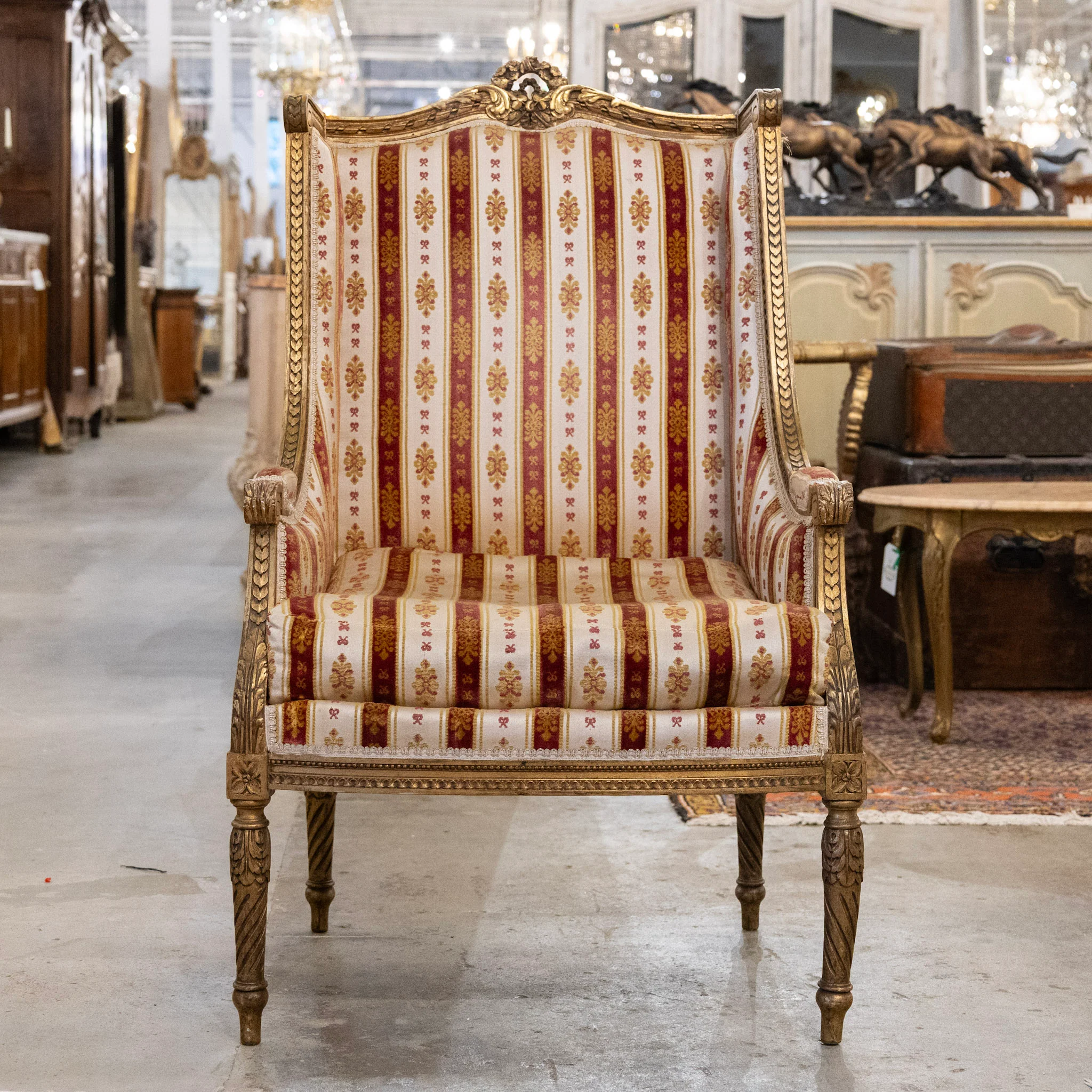 Pair of Louis XVI Gilded Armchairs – Striped Damask Upholstery - Image 2