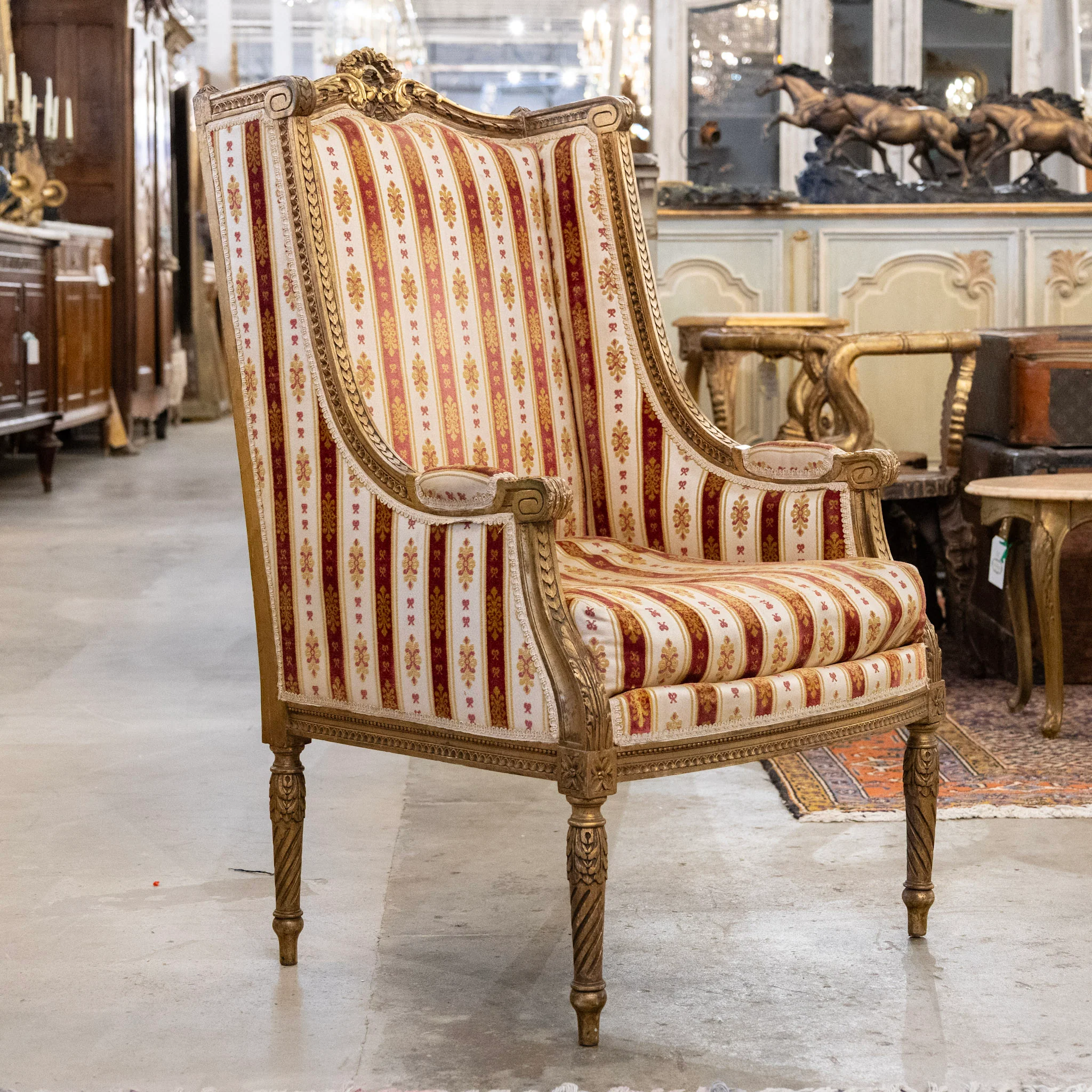Pair of Louis XVI Gilded Armchairs – Striped Damask Upholstery - Image 3