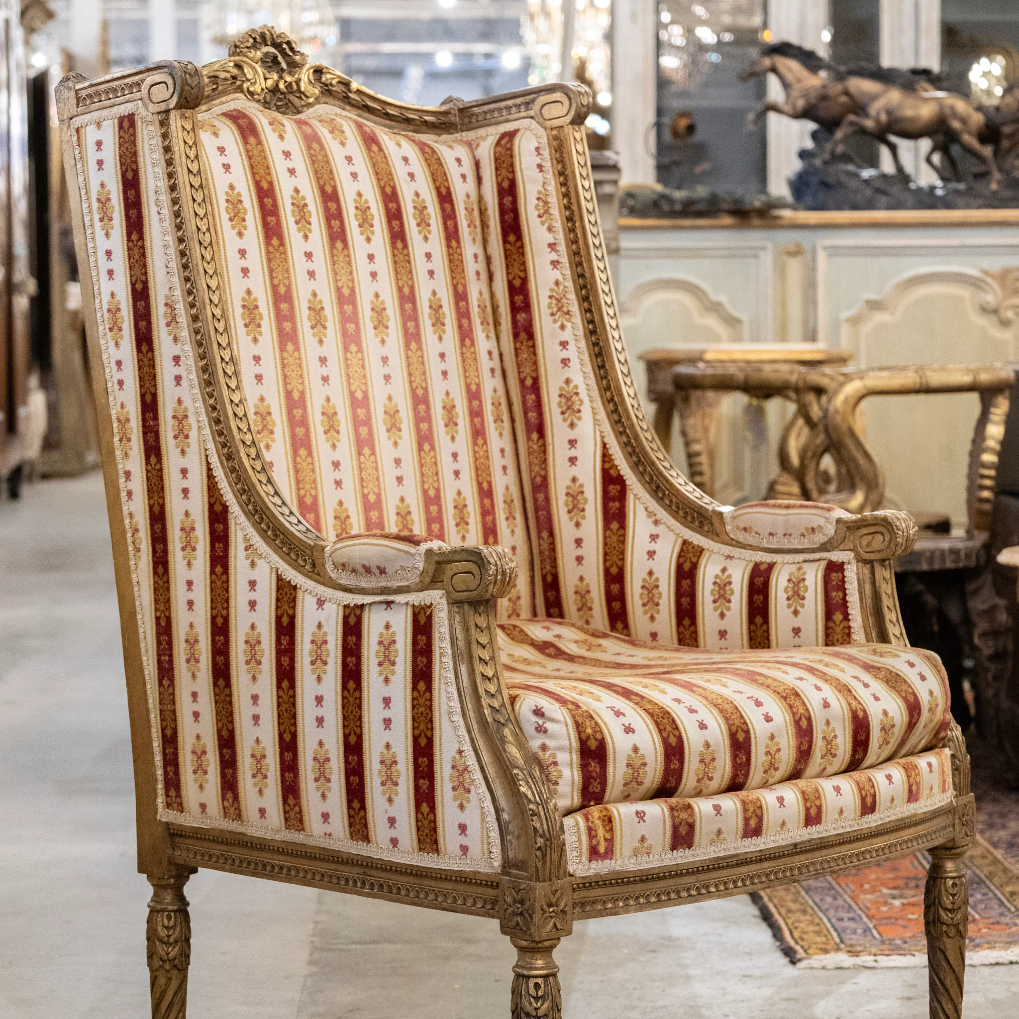 Pair of Louis XVI Gilded Armchairs – Striped Damask Upholstery - Image 4