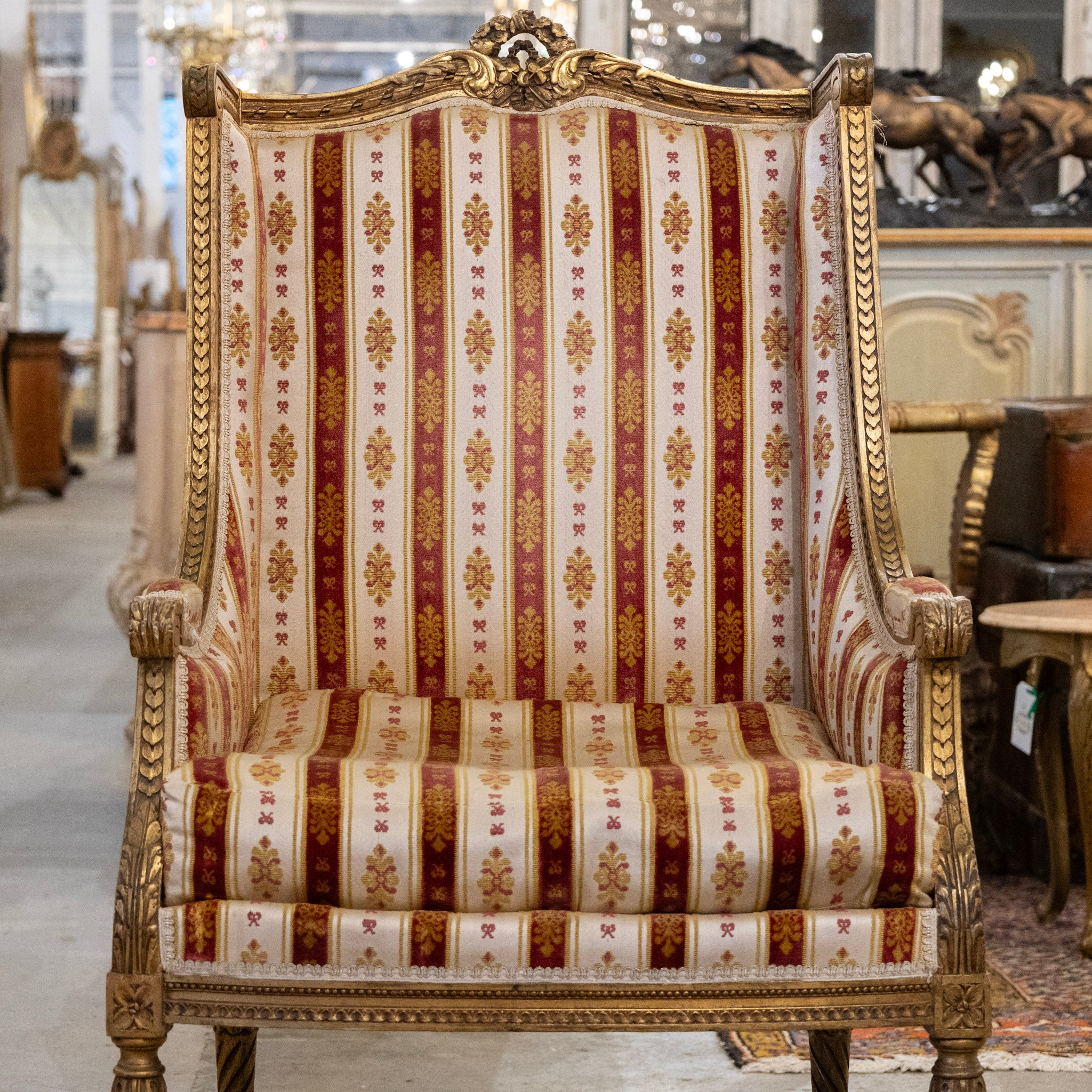 Pair of Louis XVI Gilded Armchairs – Striped Damask Upholstery - Image 5