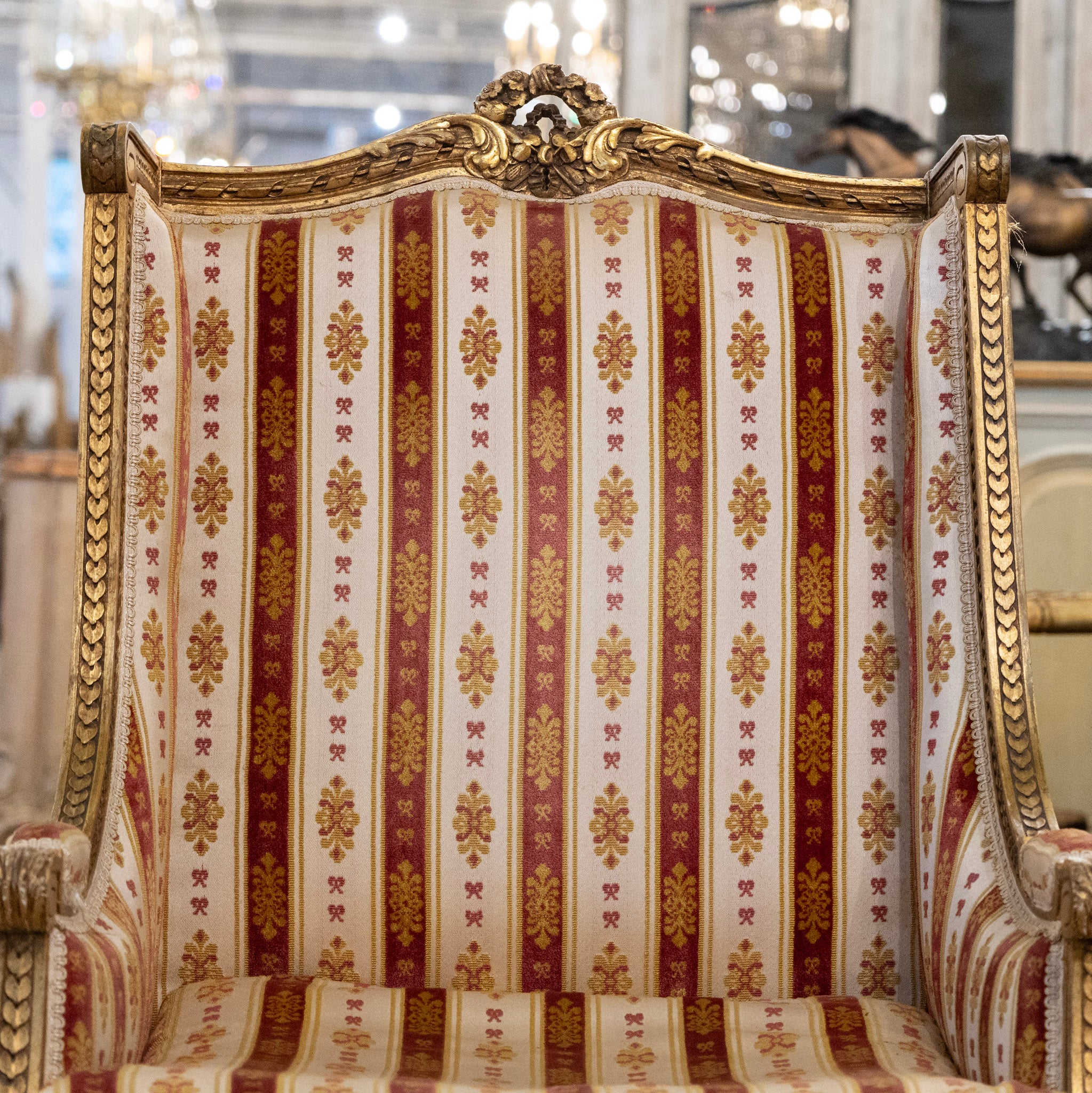 Pair of Louis XVI Gilded Armchairs – Striped Damask Upholstery - Image 6