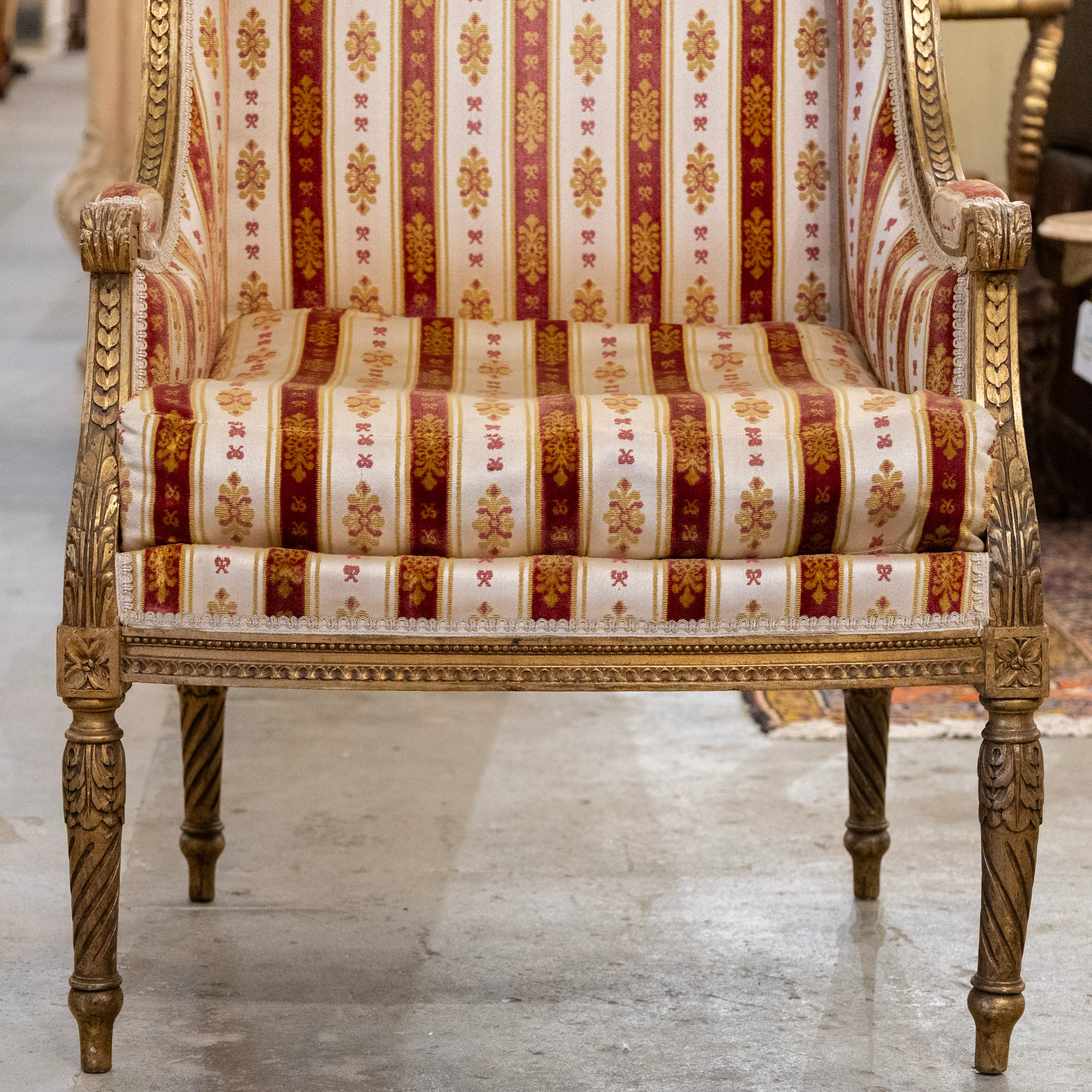 Pair of Louis XVI Gilded Armchairs – Striped Damask Upholstery - Image 7