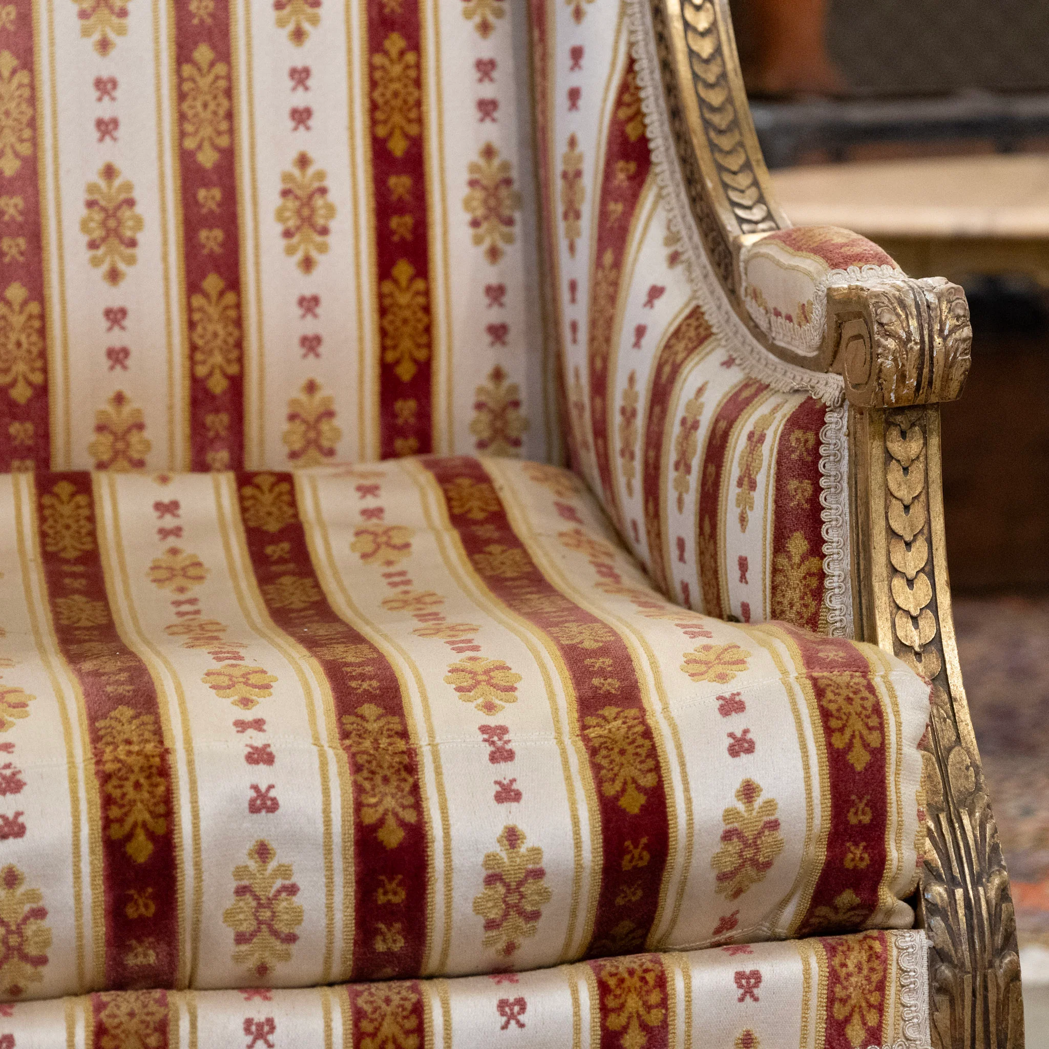Pair of Louis XVI Gilded Armchairs – Striped Damask Upholstery - Image 8