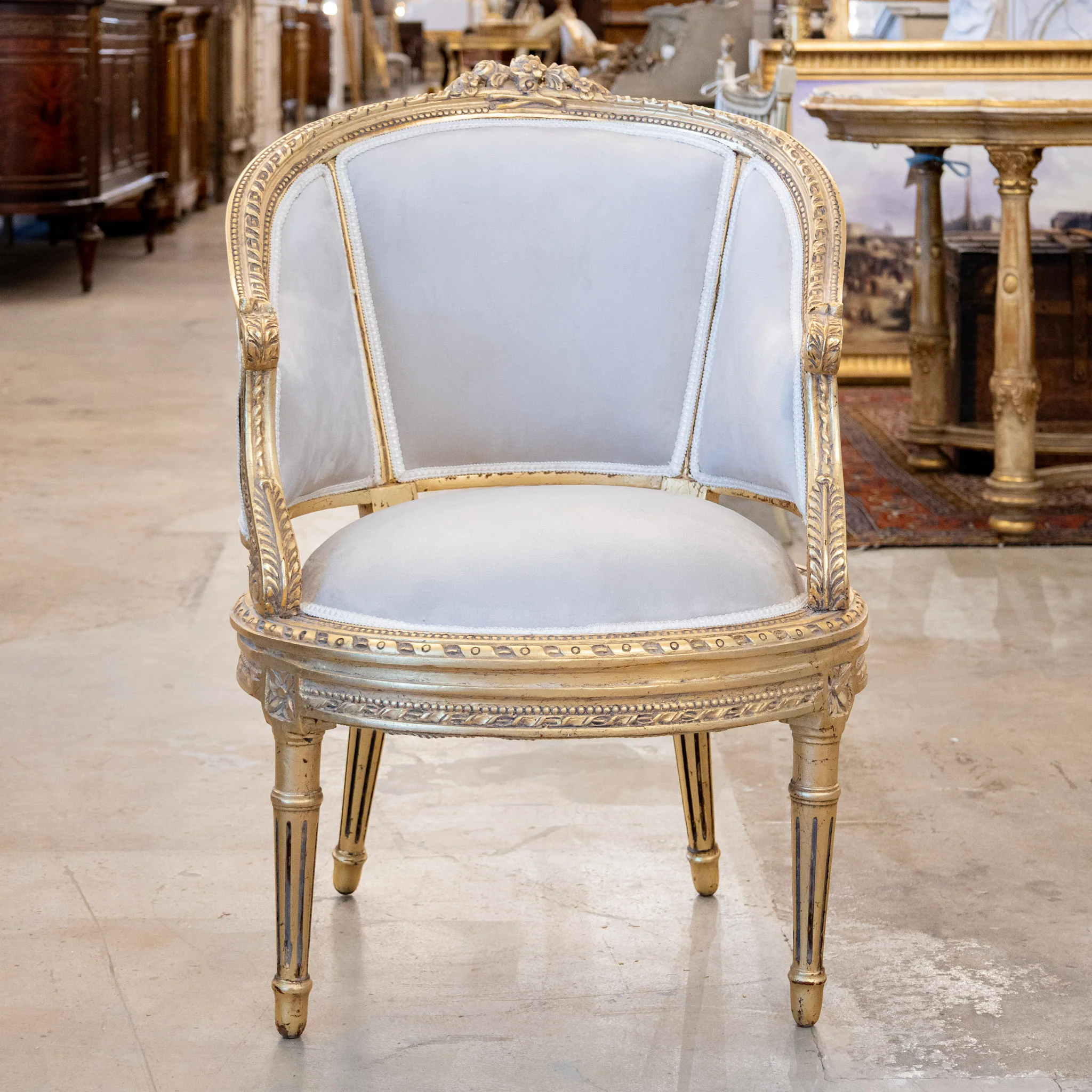 Pair of Louis XVI Gilded Bergère Chair – Light Gray Velvet Upholstery & Rope Trim