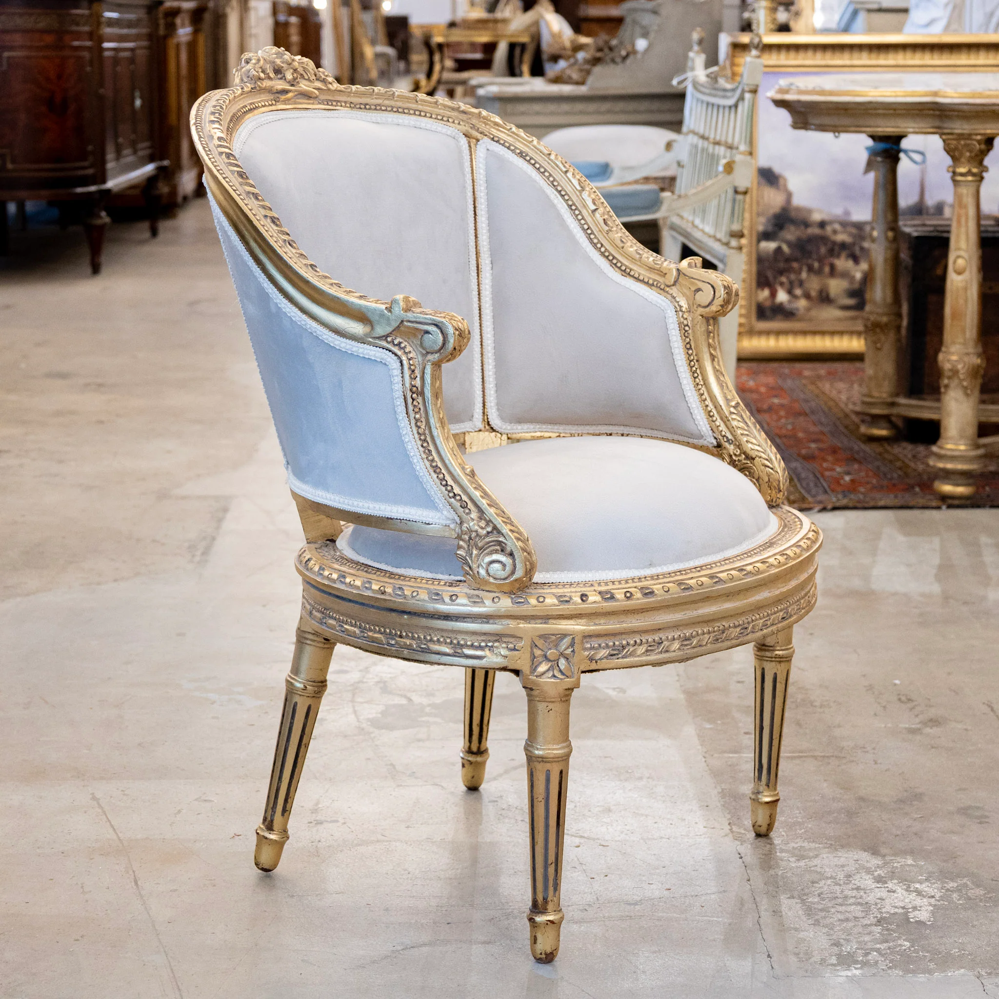 Pair of Louis XVI Gilded Bergère Chair – Light Gray Velvet Upholstery & Rope Trim - Image 2