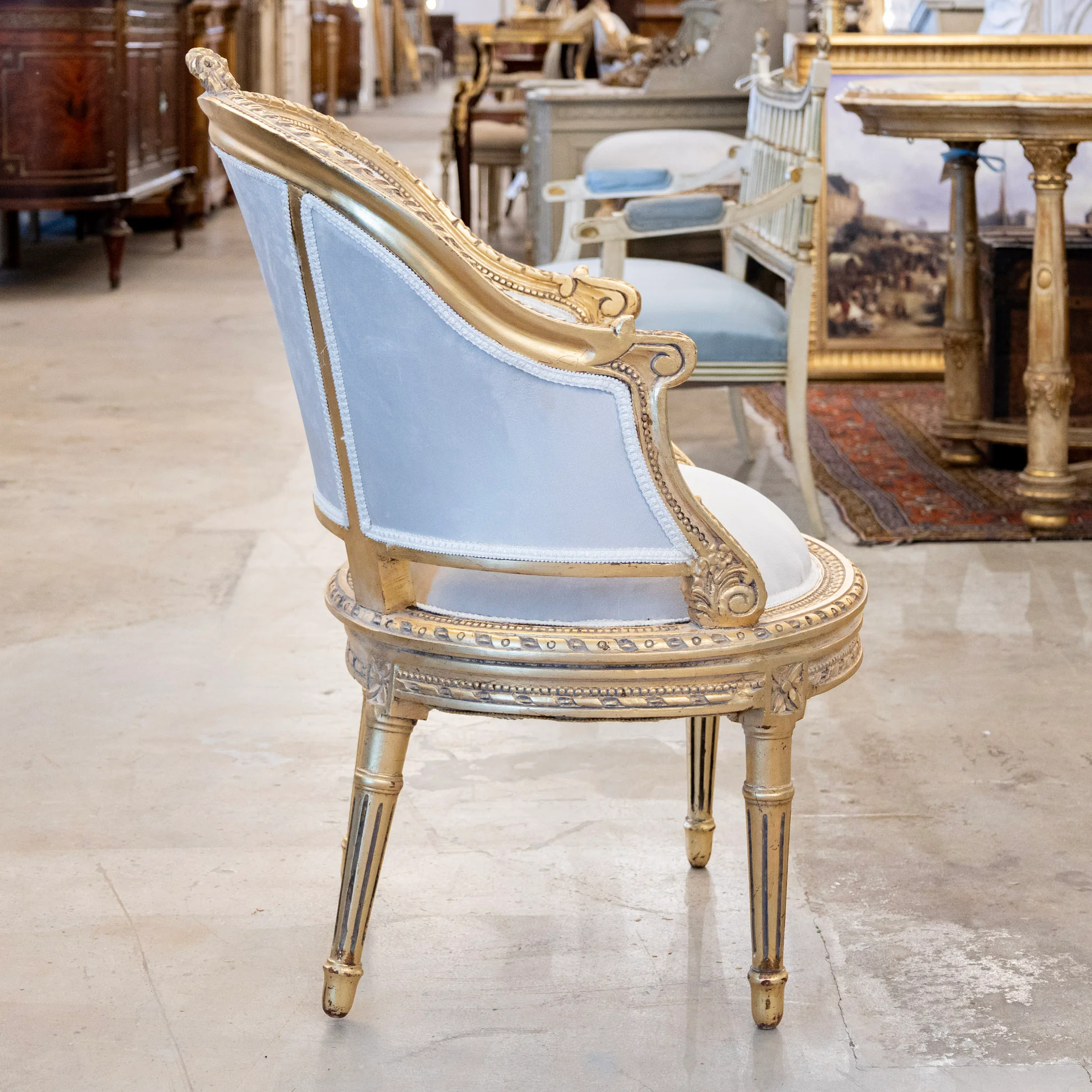 Pair of Louis XVI Gilded Bergère Chair – Light Gray Velvet Upholstery & Rope Trim - Image 3