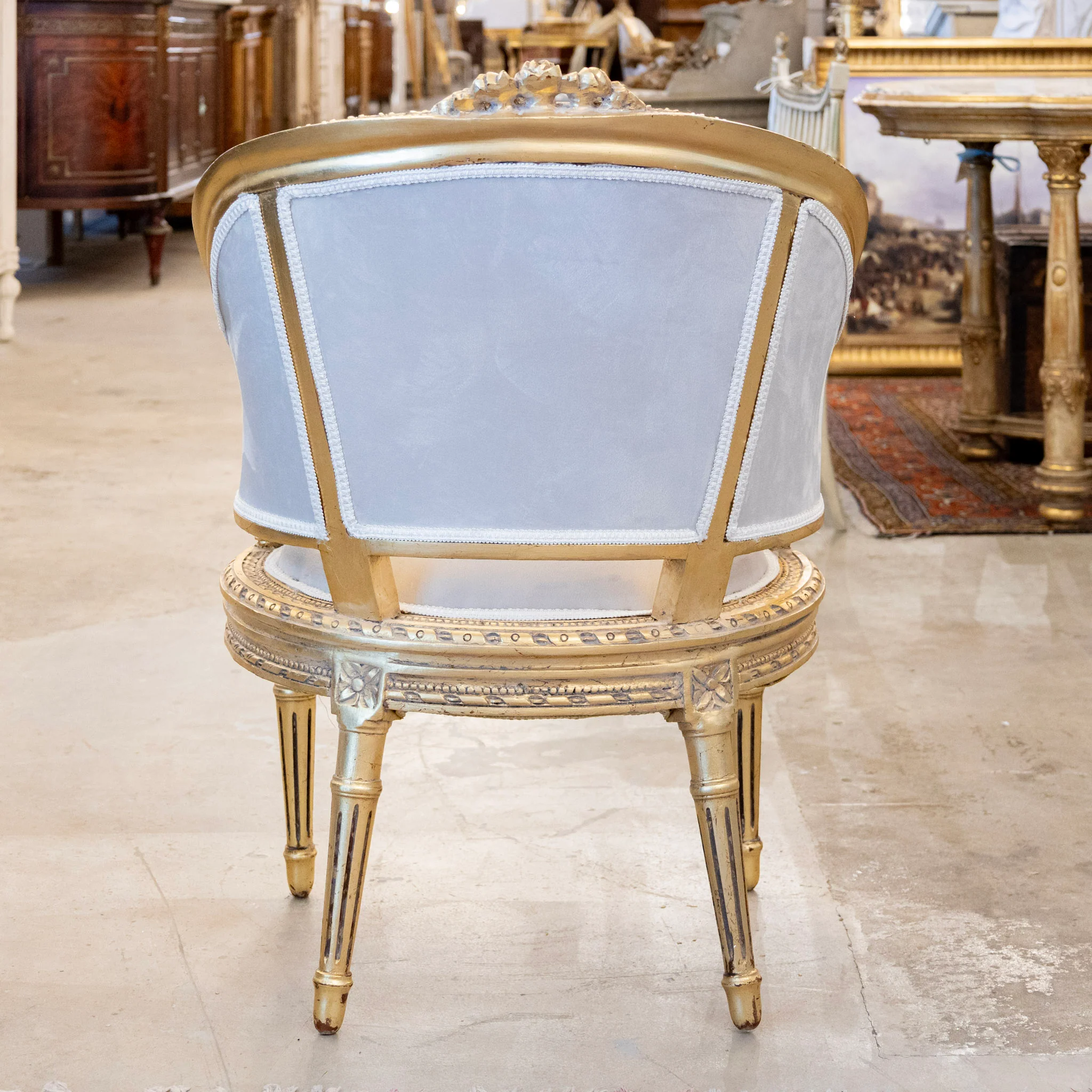 Pair of Louis XVI Gilded Bergère Chair – Light Gray Velvet Upholstery & Rope Trim - Image 4