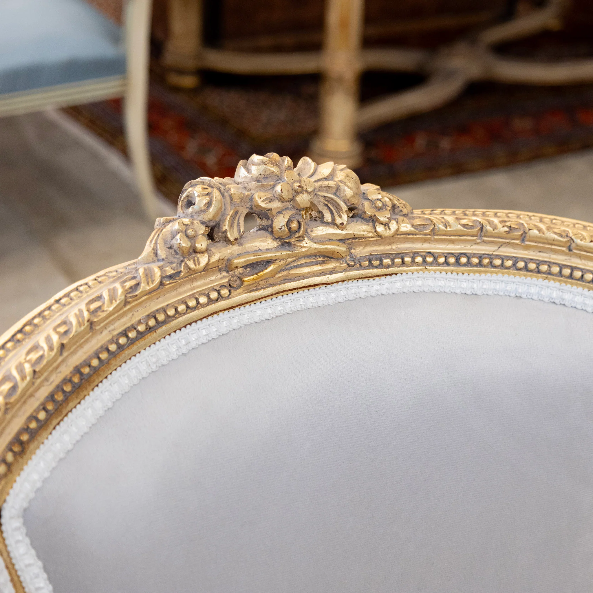 Pair of Louis XVI Gilded Bergère Chair – Light Gray Velvet Upholstery & Rope Trim - Image 5