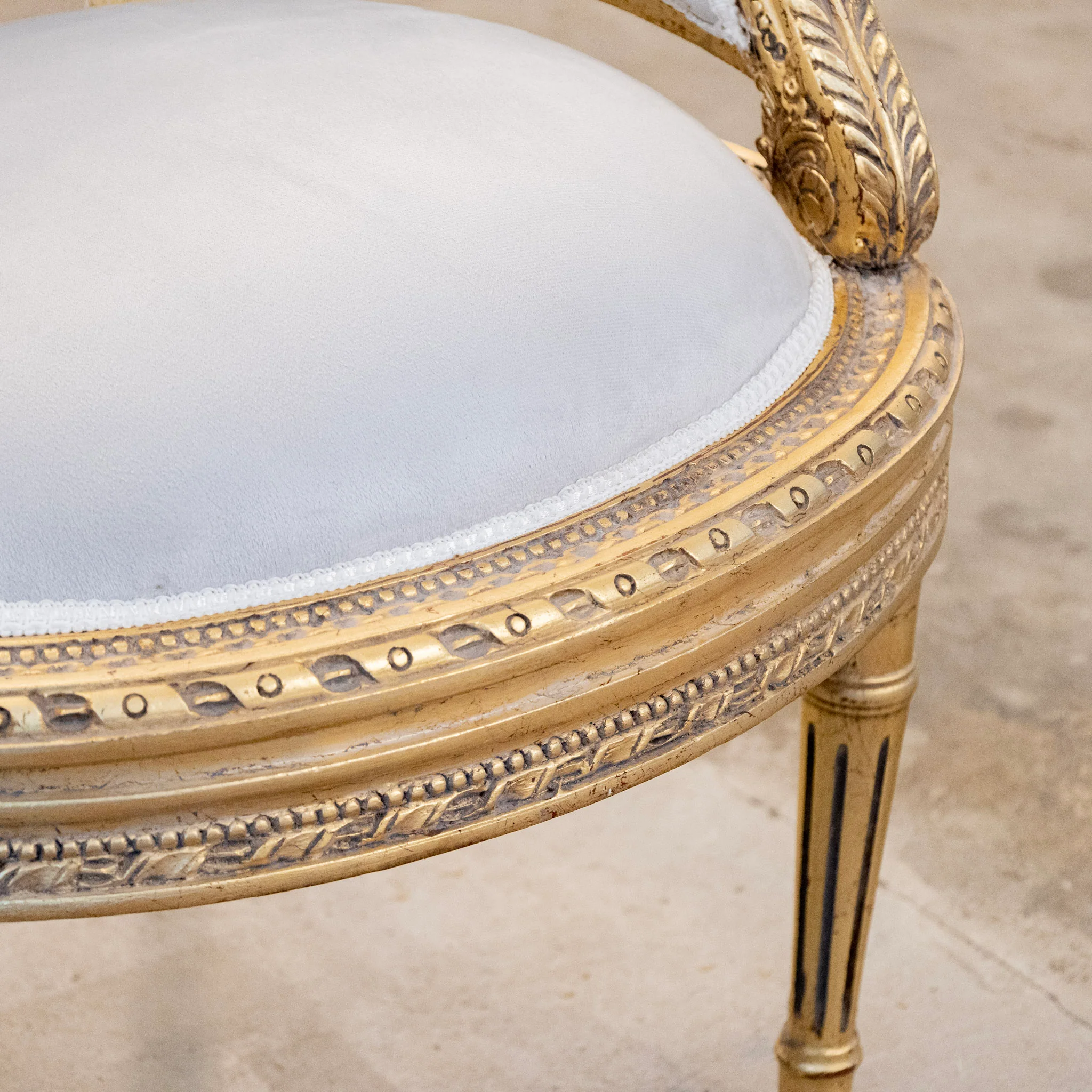 Pair of Louis XVI Gilded Bergère Chair – Light Gray Velvet Upholstery & Rope Trim - Image 6