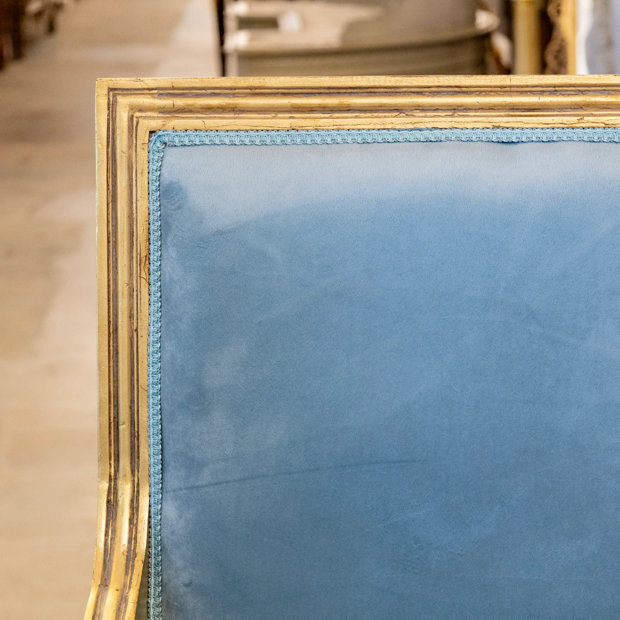 Pair of Louis XVI Gilded Captain Chairs – Blue Velvet Upholstery - Image 10