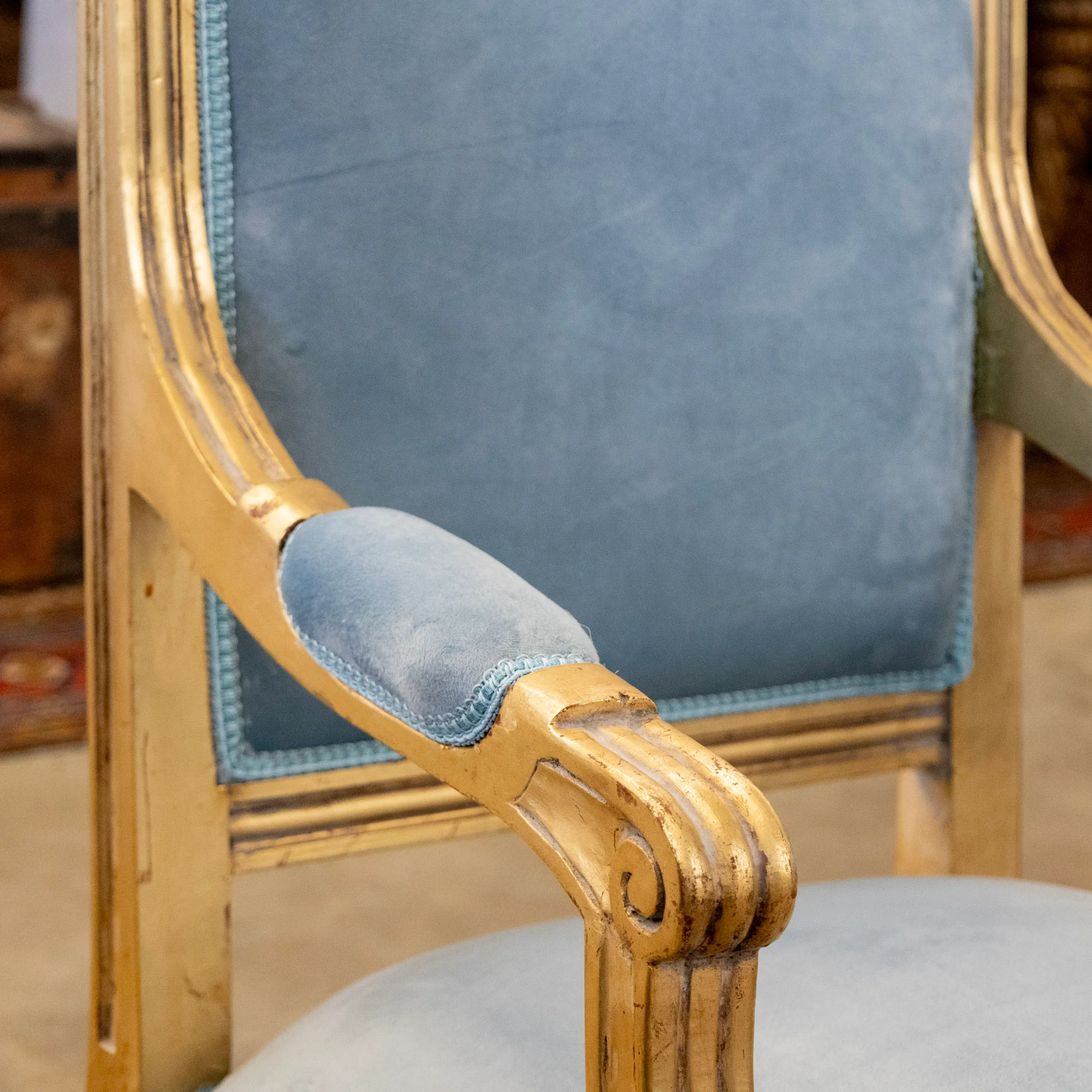 Pair of Louis XVI Gilded Captain Chairs – Blue Velvet Upholstery - Image 11