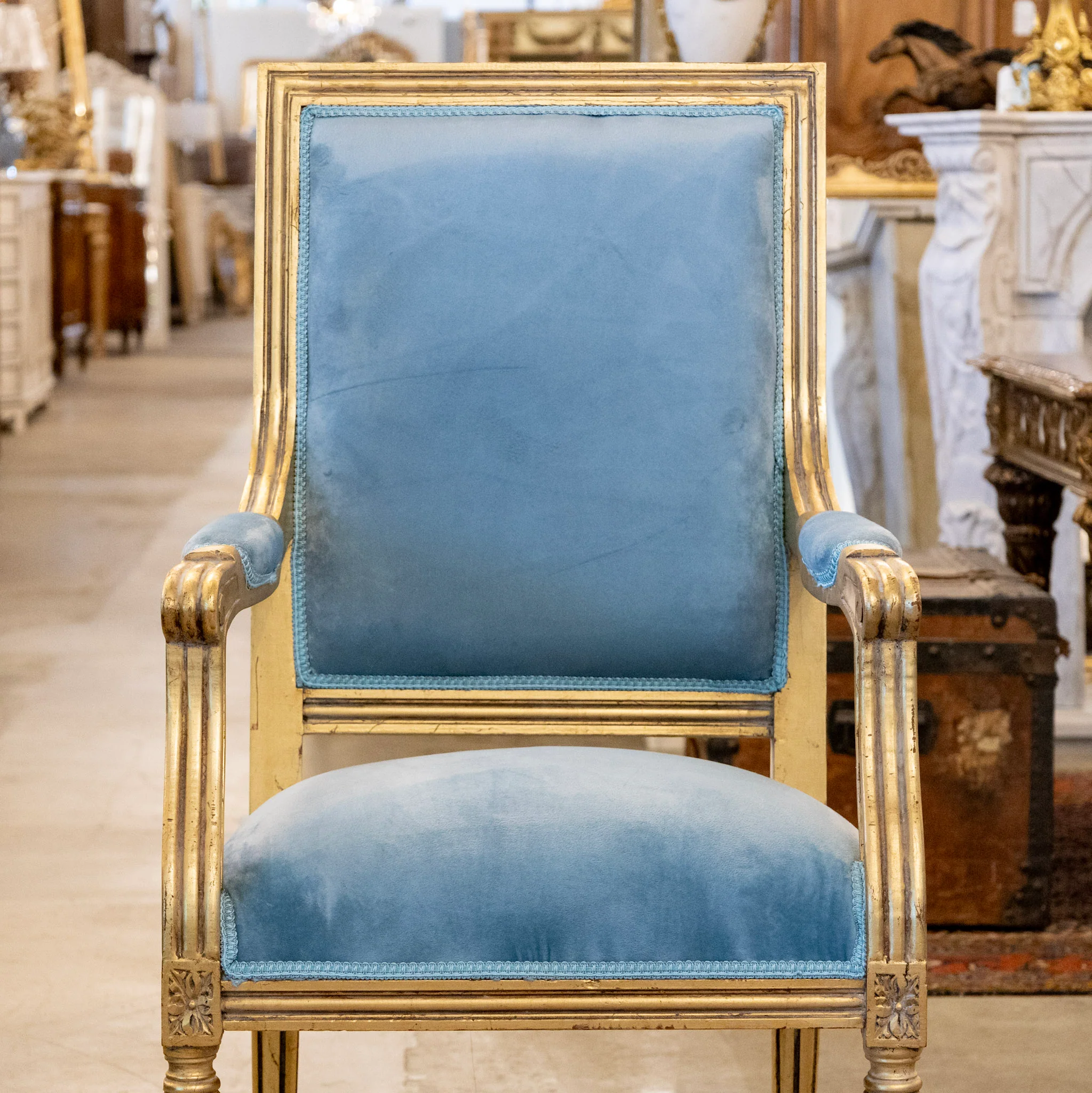 Pair of Louis XVI Gilded Captain Chairs – Blue Velvet Upholstery - Image 3