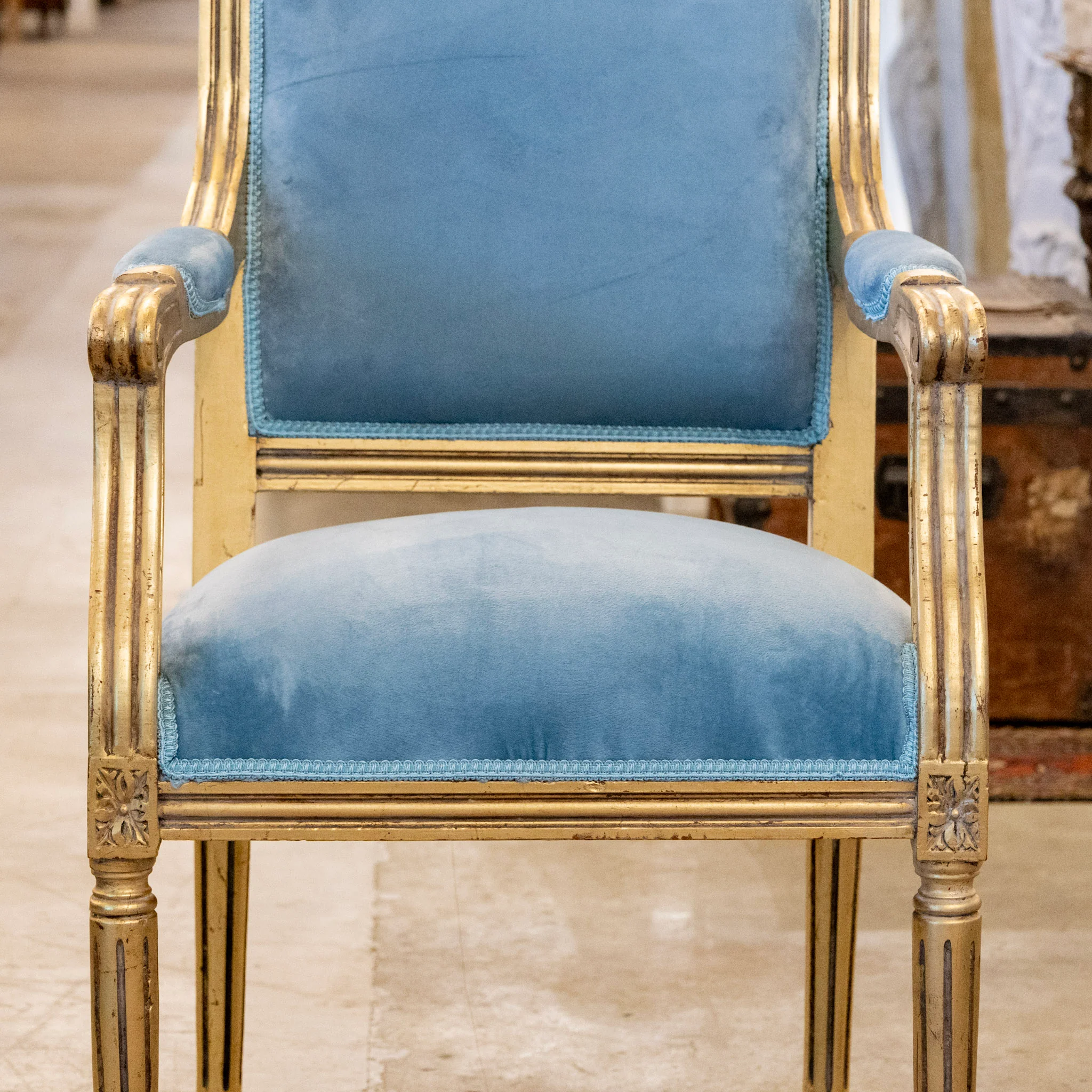 Pair of Louis XVI Gilded Captain Chairs – Blue Velvet Upholstery - Image 4