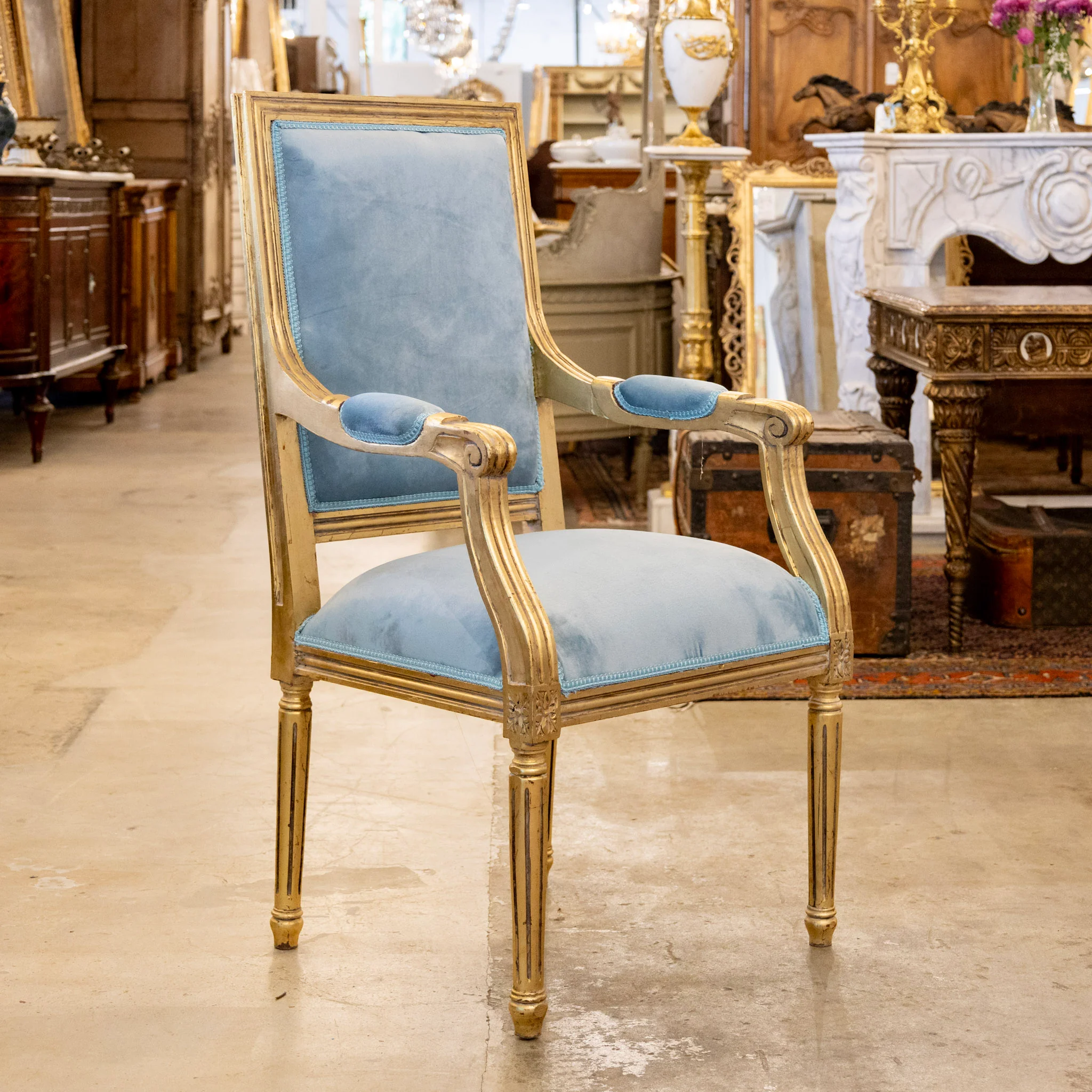 Pair of Louis XVI Gilded Captain Chairs – Blue Velvet Upholstery - Image 6