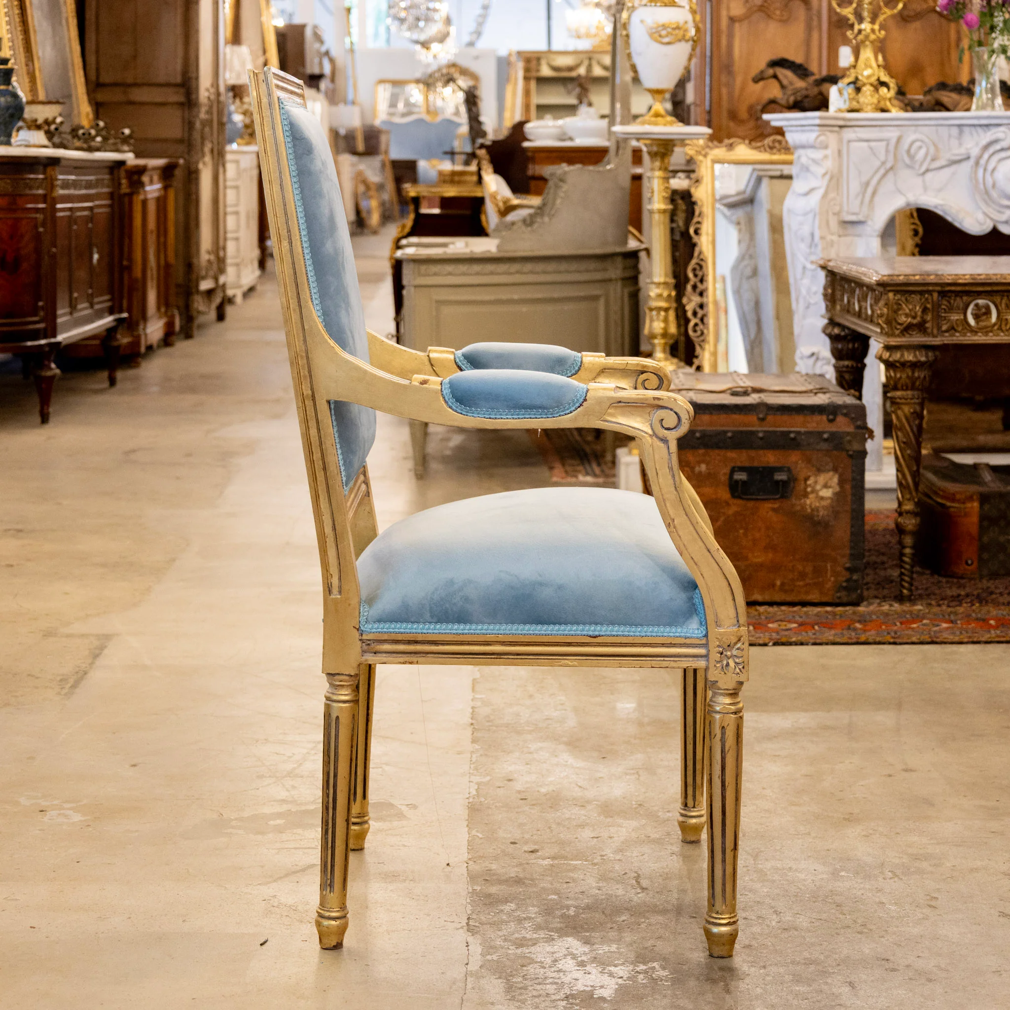 Pair of Louis XVI Gilded Captain Chairs – Blue Velvet Upholstery - Image 7
