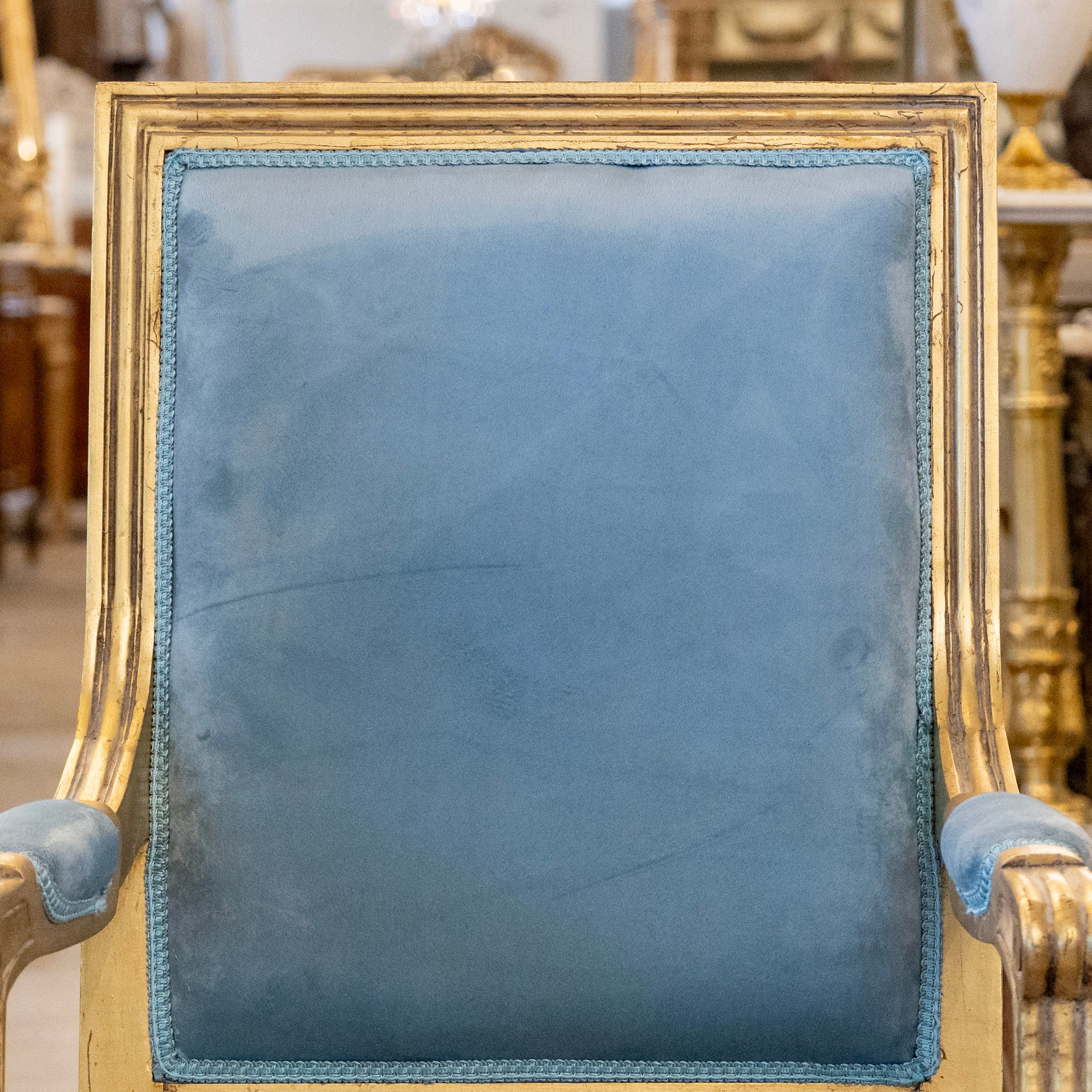 Pair of Louis XVI Gilded Captain Chairs – Blue Velvet Upholstery - Image 9