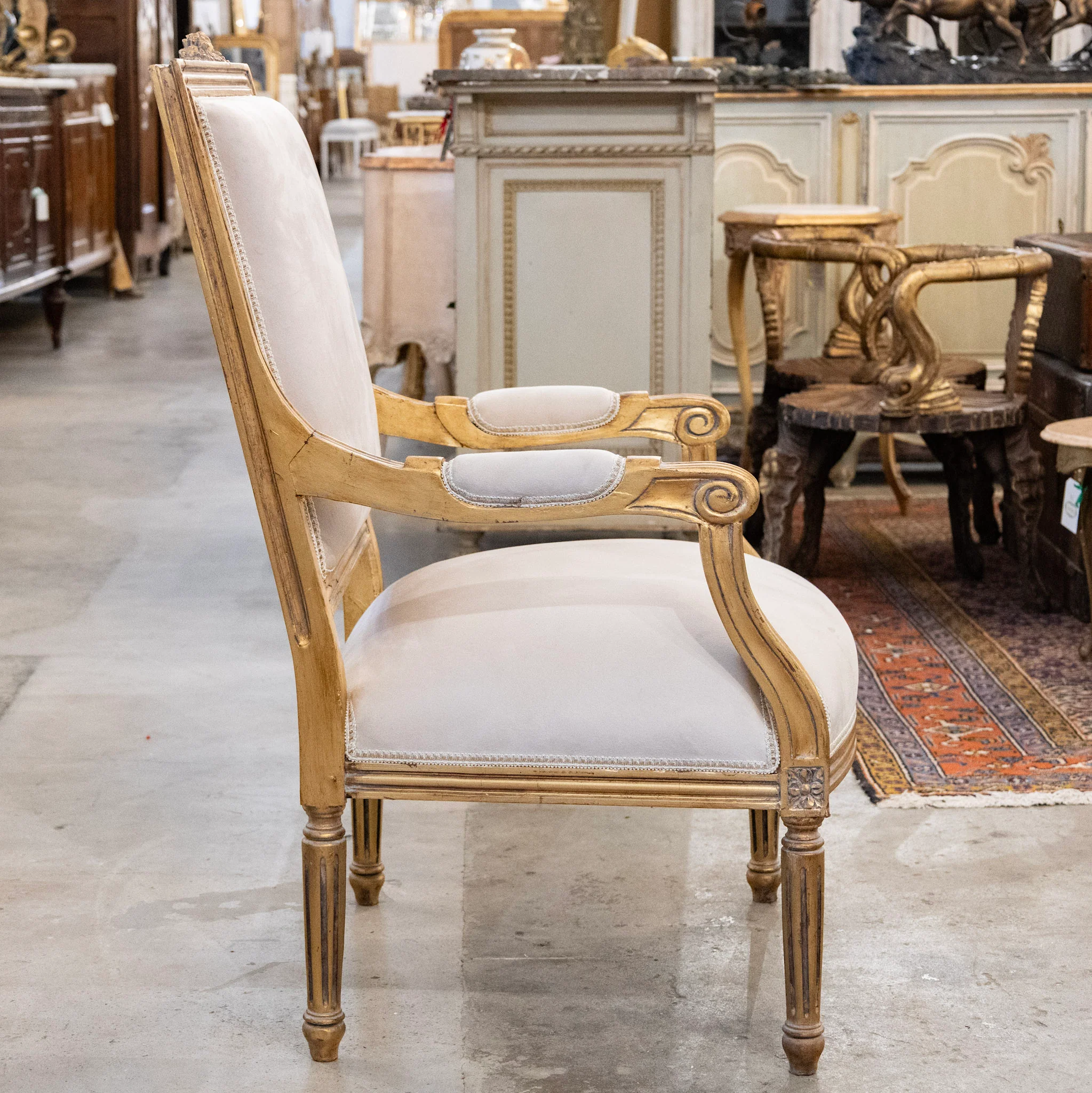 Pair of Louis XVI Gilded Captain Chairs – Cream Velvet Upholstery - Image 6