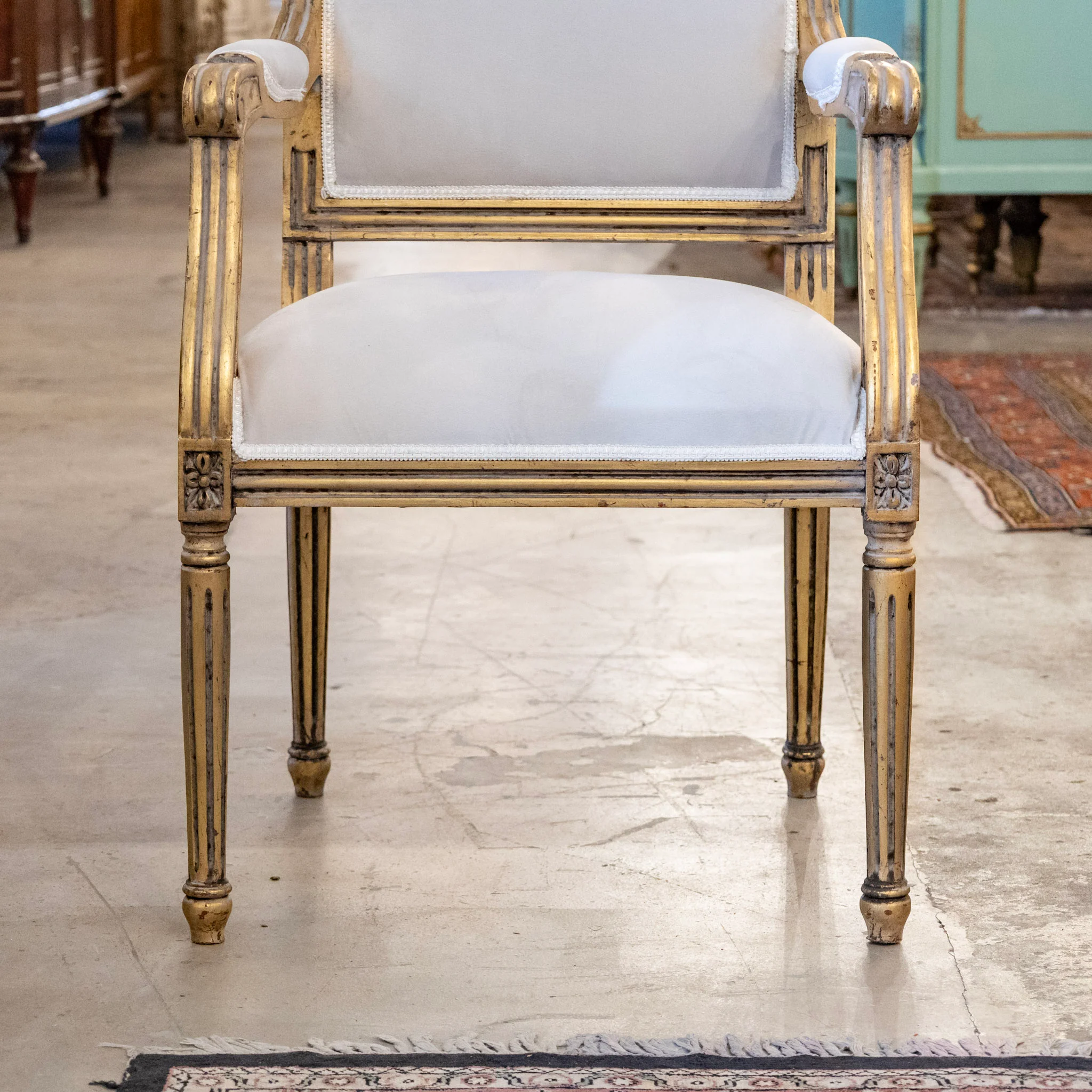 Pair of Louis XVI Gilded Captain Chairs - White Velvet Upholstery - Image 4