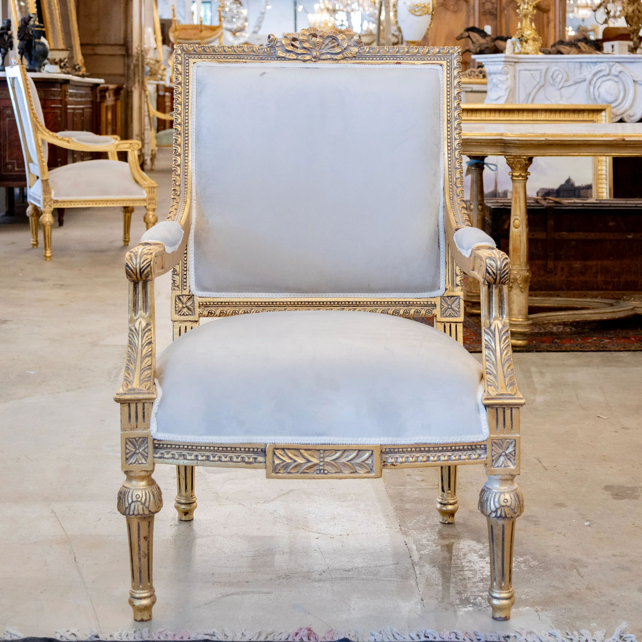 Pair of Louis XVI Gilded Square Arm Chairs – Gray Velvet Upholstery