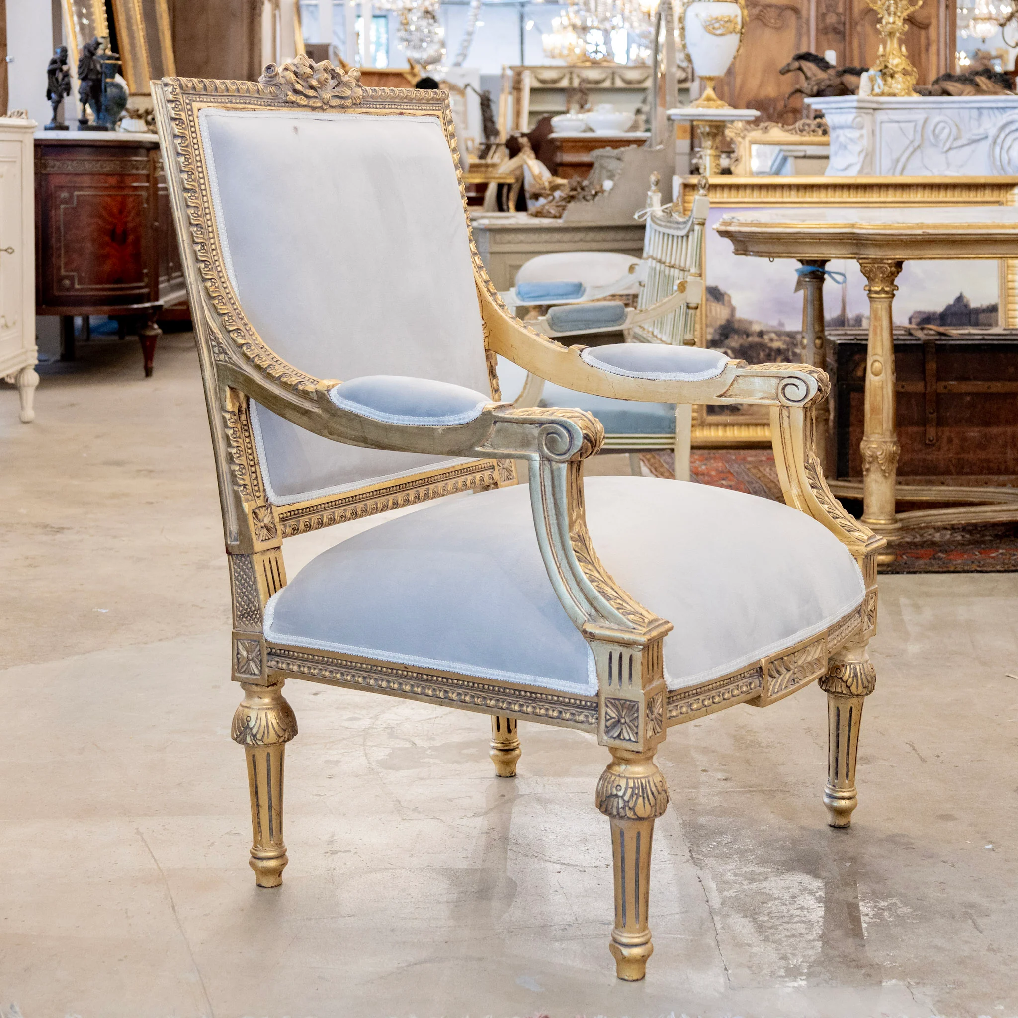 Pair of Louis XVI Gilded Square Arm Chairs – Gray Velvet Upholstery - Image 2