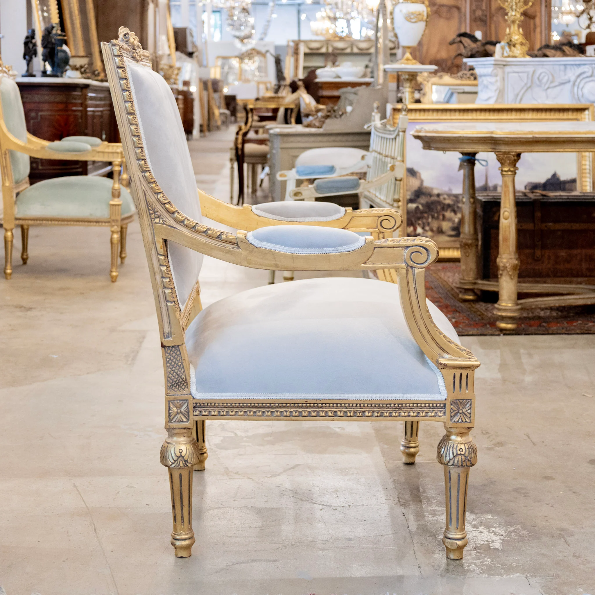 Pair of Louis XVI Gilded Square Arm Chairs – Gray Velvet Upholstery - Image 3