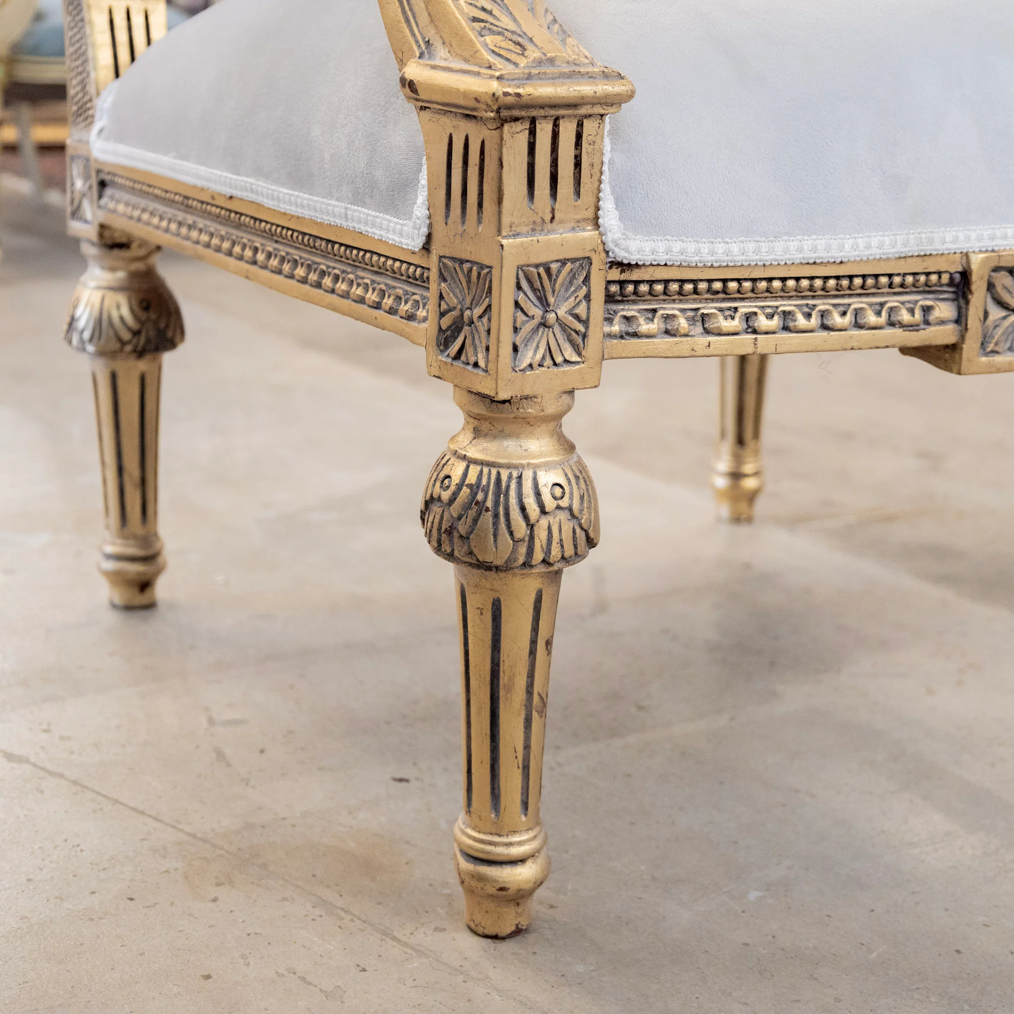 Pair of Louis XVI Gilded Square Arm Chairs – Gray Velvet Upholstery - Image 4