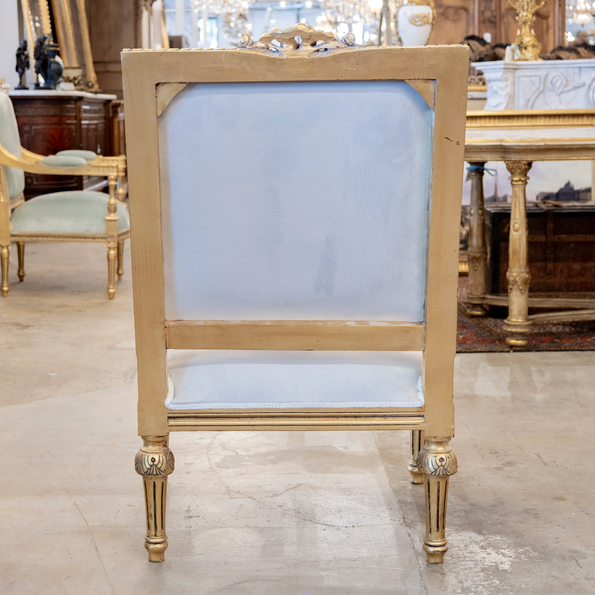 Pair of Louis XVI Gilded Square Arm Chairs – Gray Velvet Upholstery - Image 5