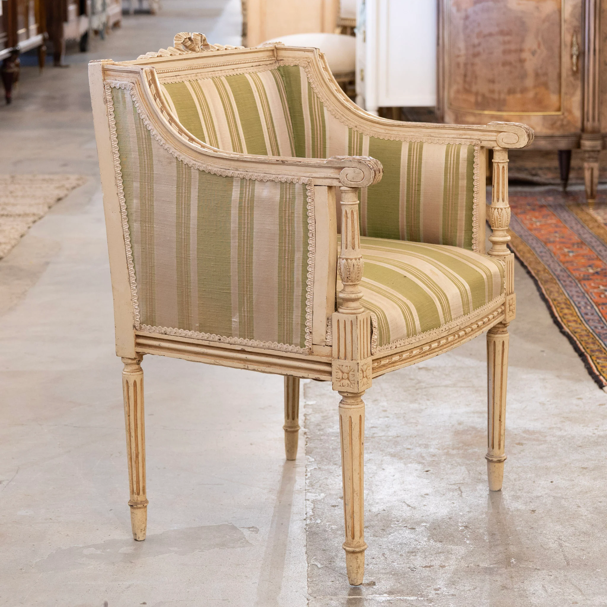 Pair of Louis XVI Painted Accent Chairs – Original Green Striped Upholstery - Image 3