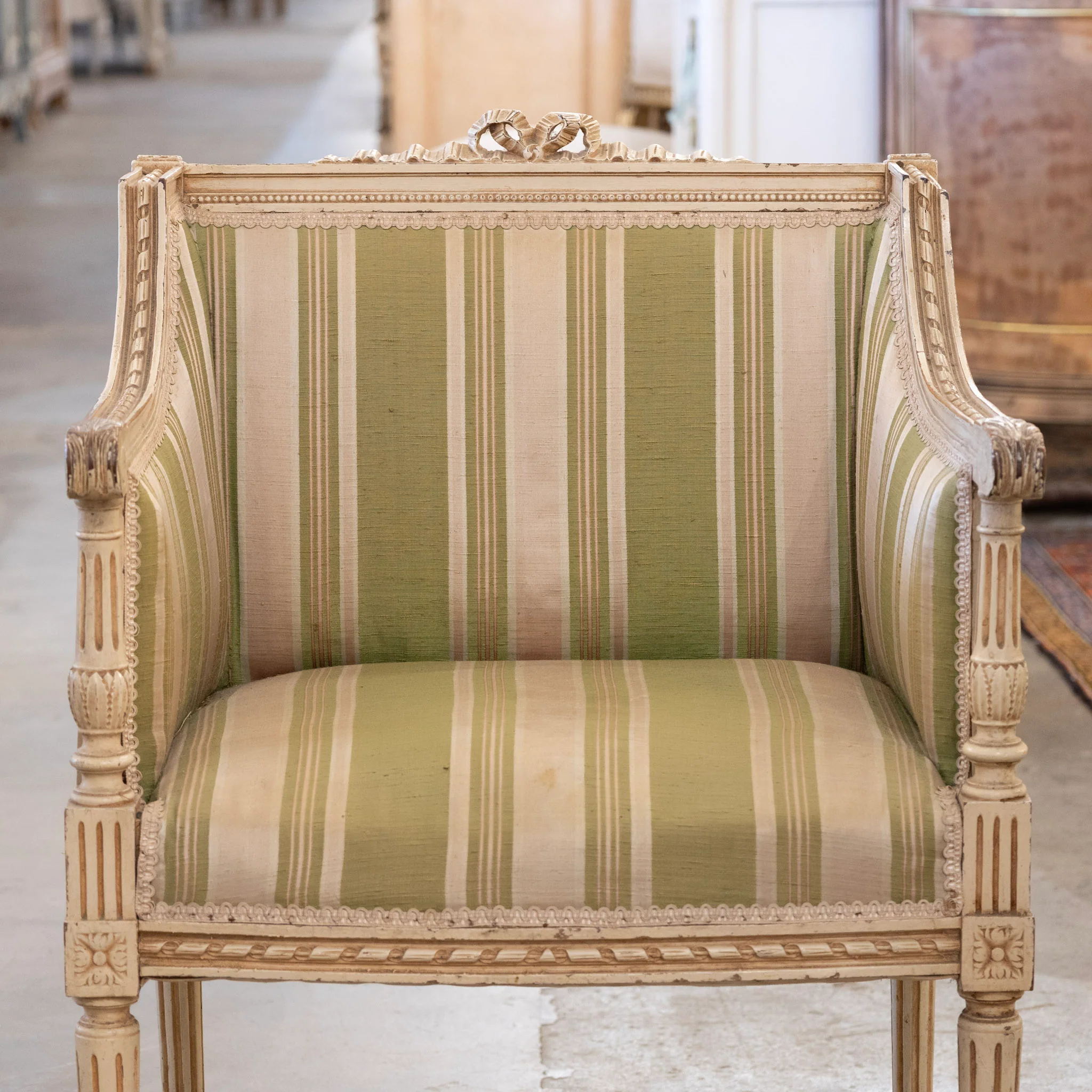 Pair of Louis XVI Painted Accent Chairs – Original Green Striped Upholstery - Image 4