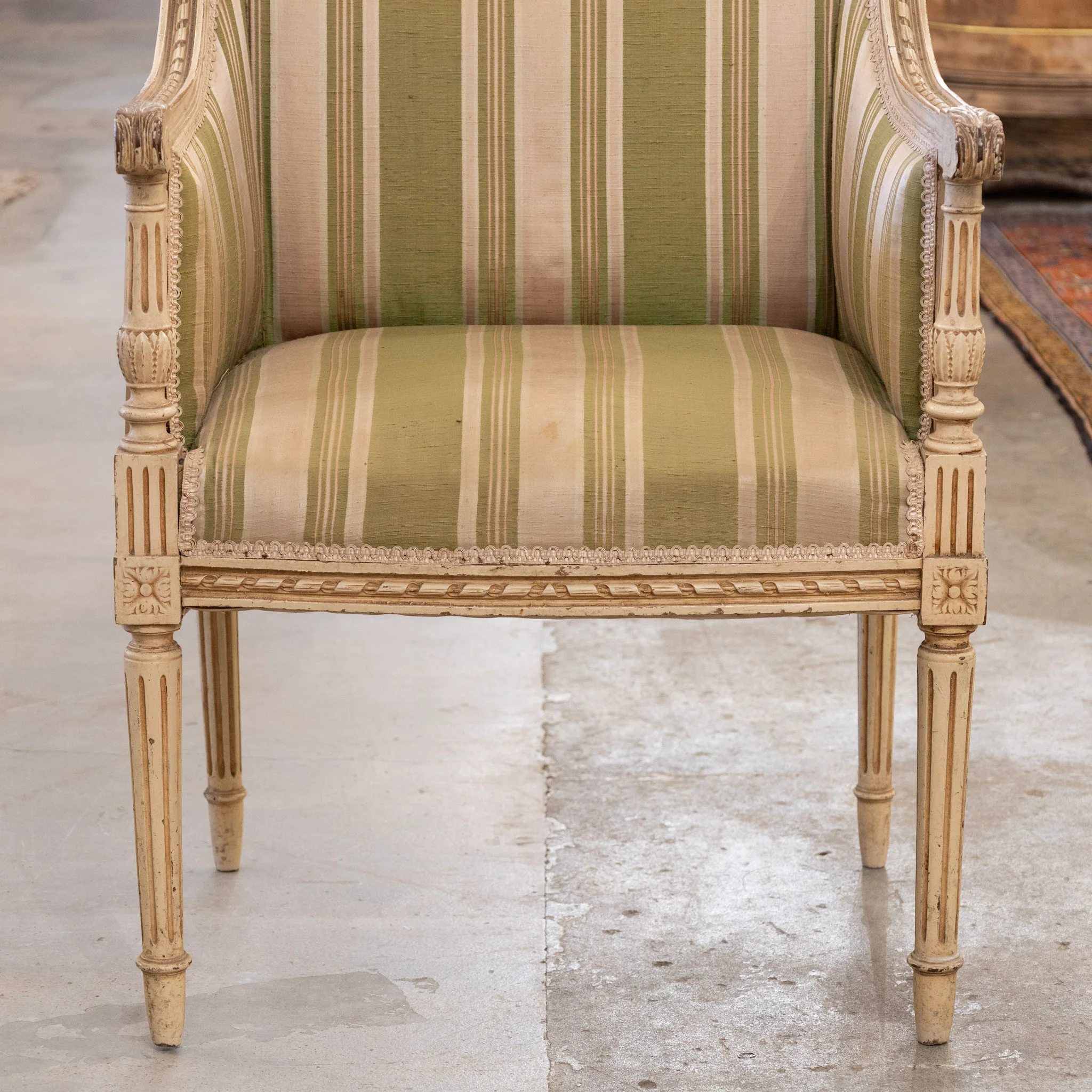 Pair of Louis XVI Painted Accent Chairs – Original Green Striped Upholstery - Image 5