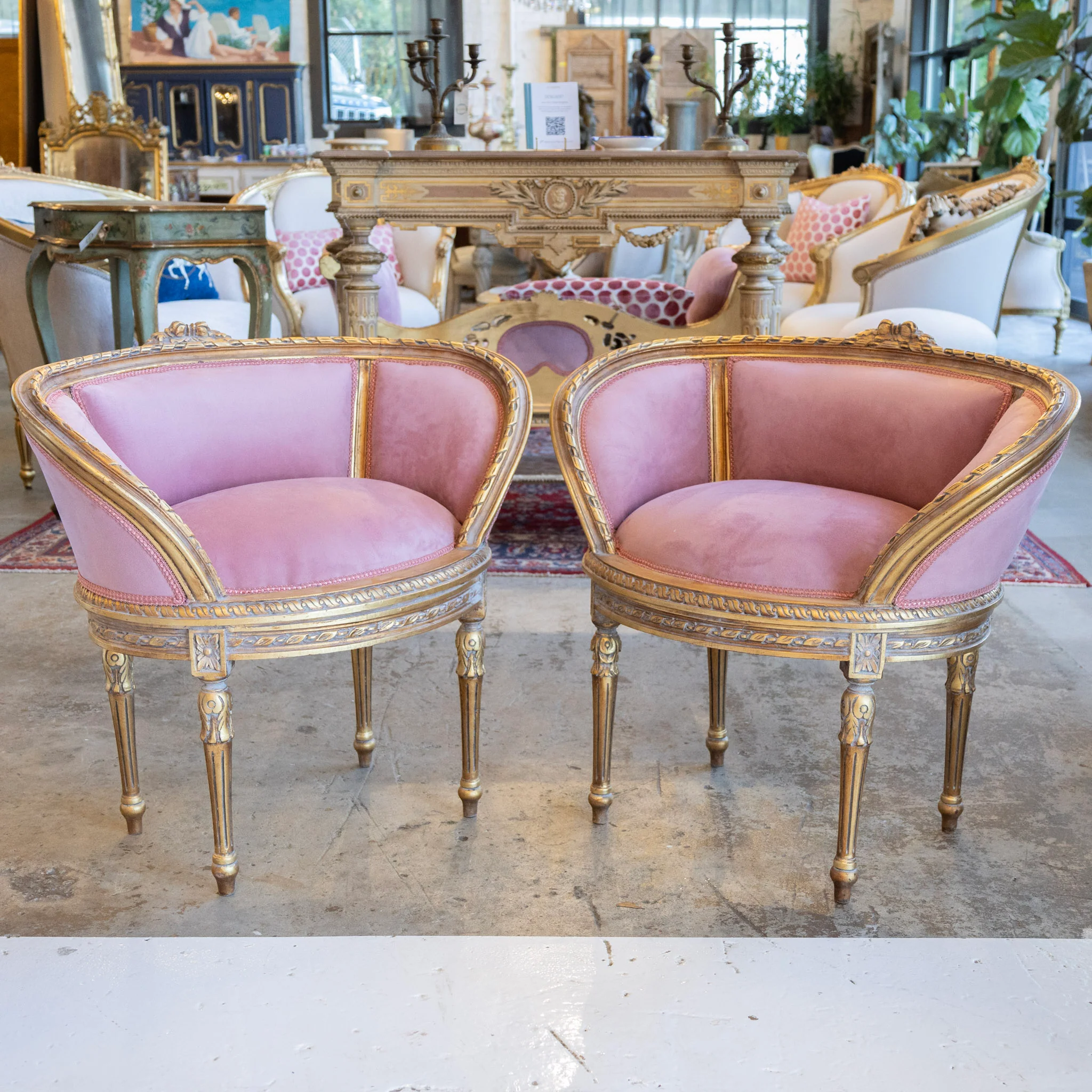 Pair of Louis XVI Petite Gilded Bergère Chairs – Velvet Deep Rose Upholstery - Image 3