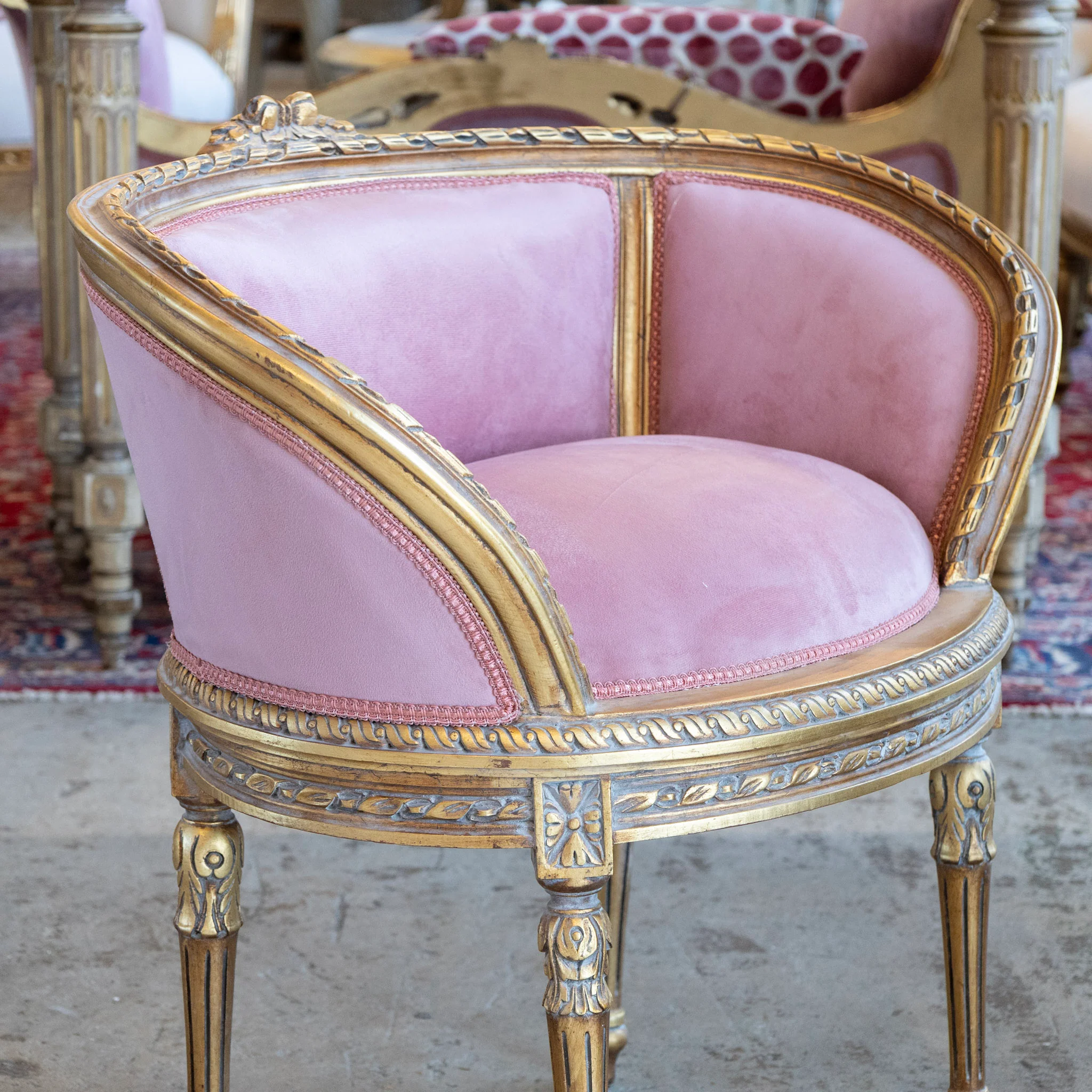 Pair of Louis XVI Petite Gilded Bergère Chairs – Velvet Deep Rose Upholstery - Image 4