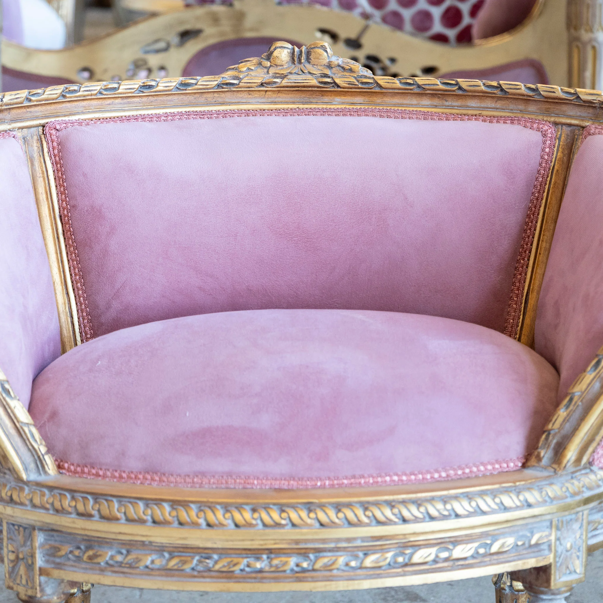 Pair of Louis XVI Petite Gilded Bergère Chairs – Velvet Deep Rose Upholstery - Image 5