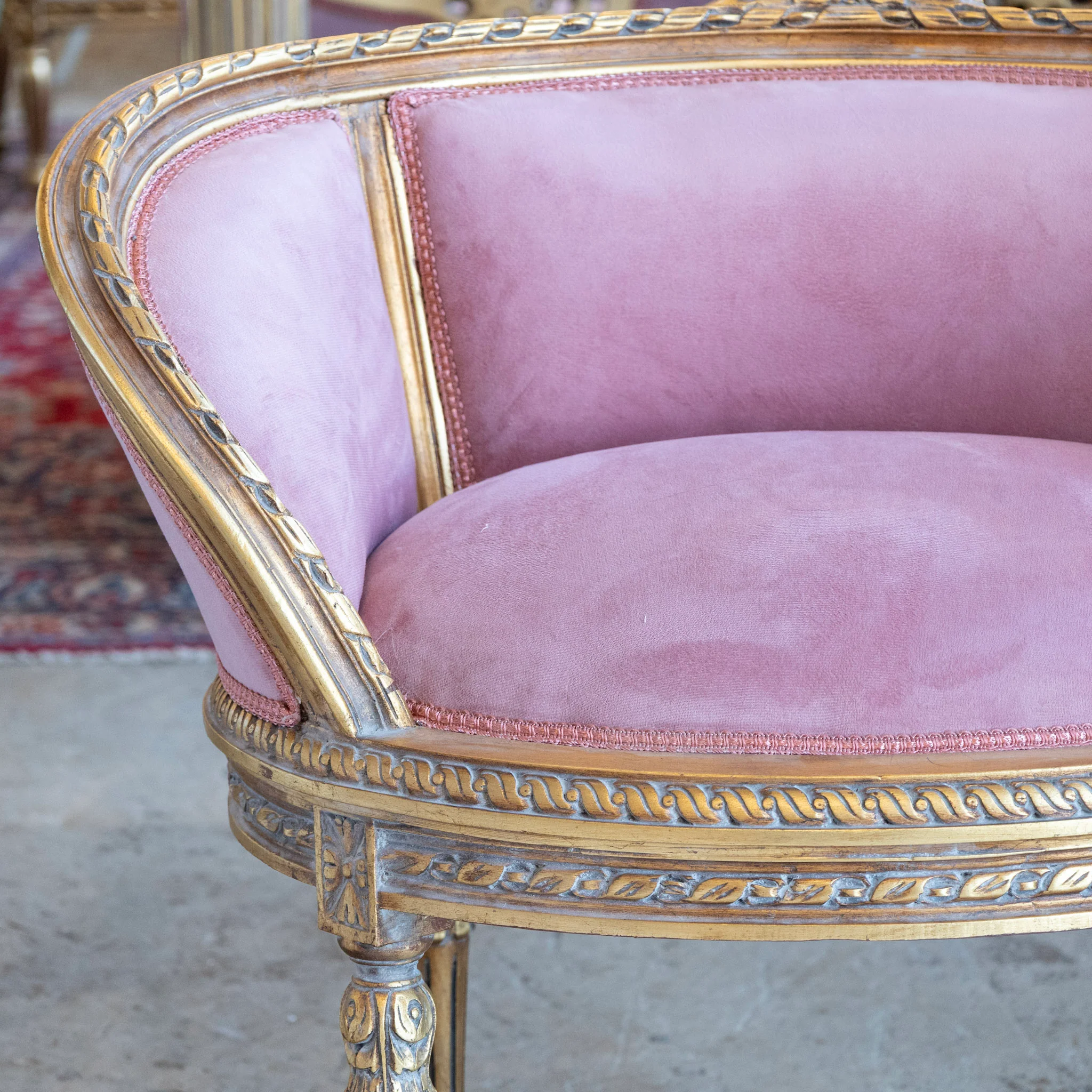 Pair of Louis XVI Petite Gilded Bergère Chairs – Velvet Deep Rose Upholstery - Image 8