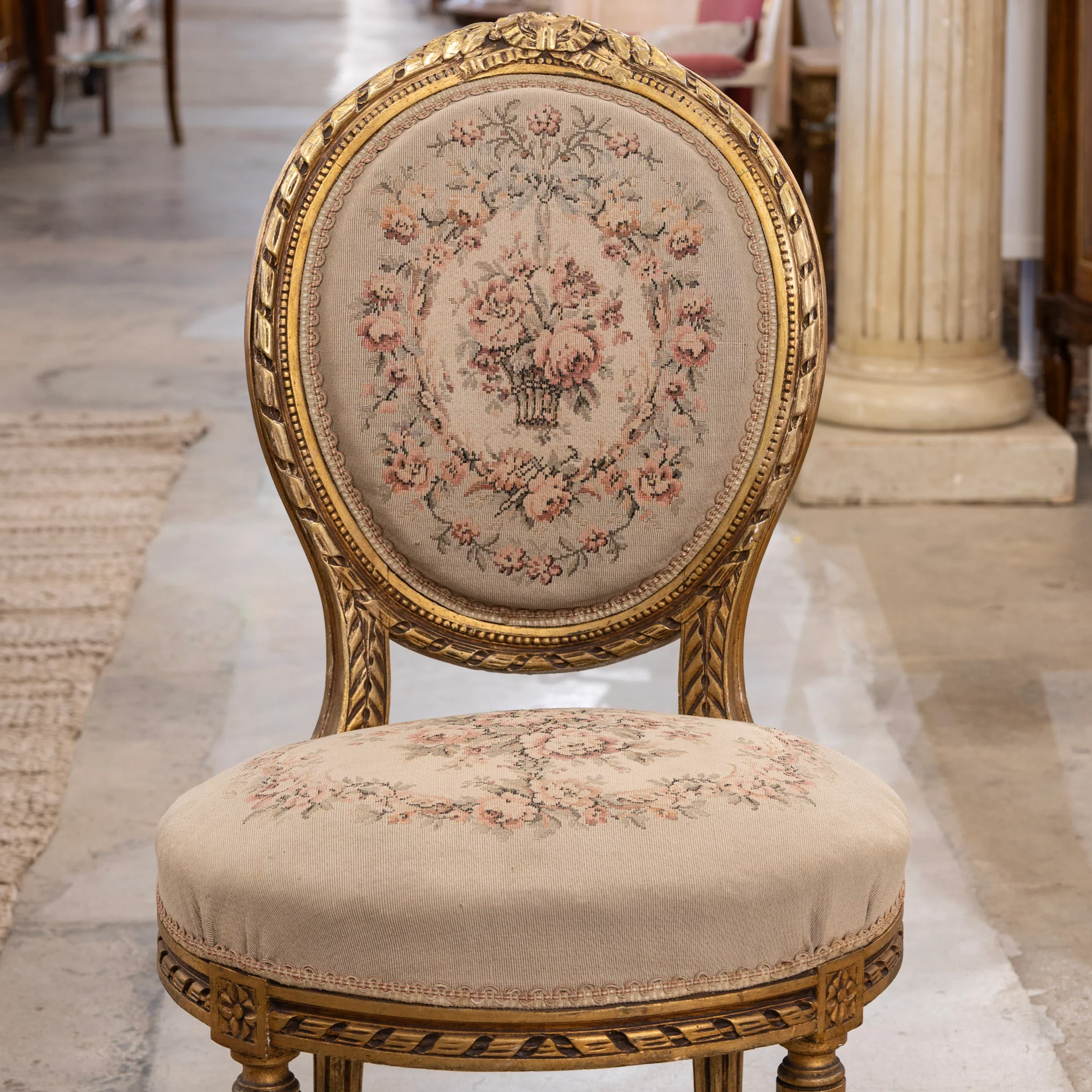Pair of Louis XVI Round Accent Chairs – Gilded with Original Aubusson Upholstery - Image 4