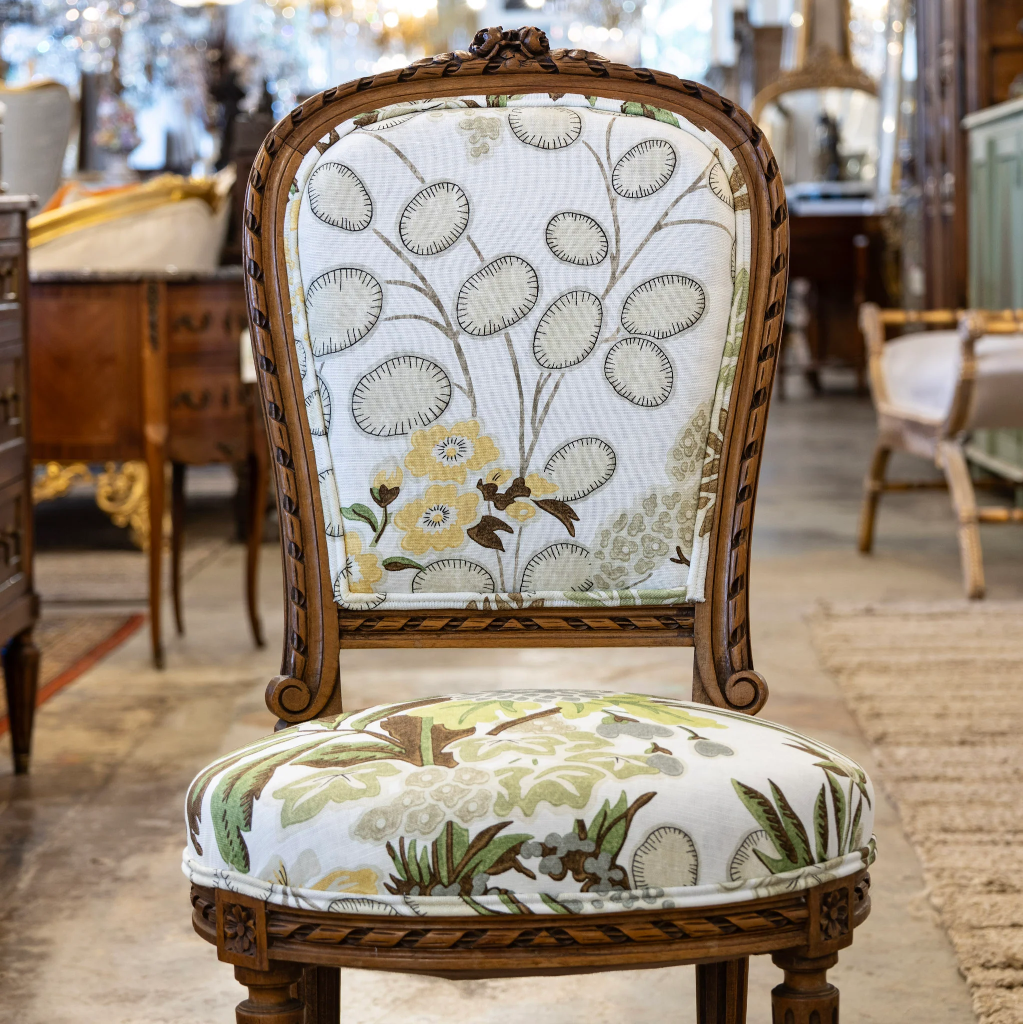Pair of Louis XVI Side Chairs – Carved Brown Frame & Floral and Green Velvet Upholstery - Image 3
