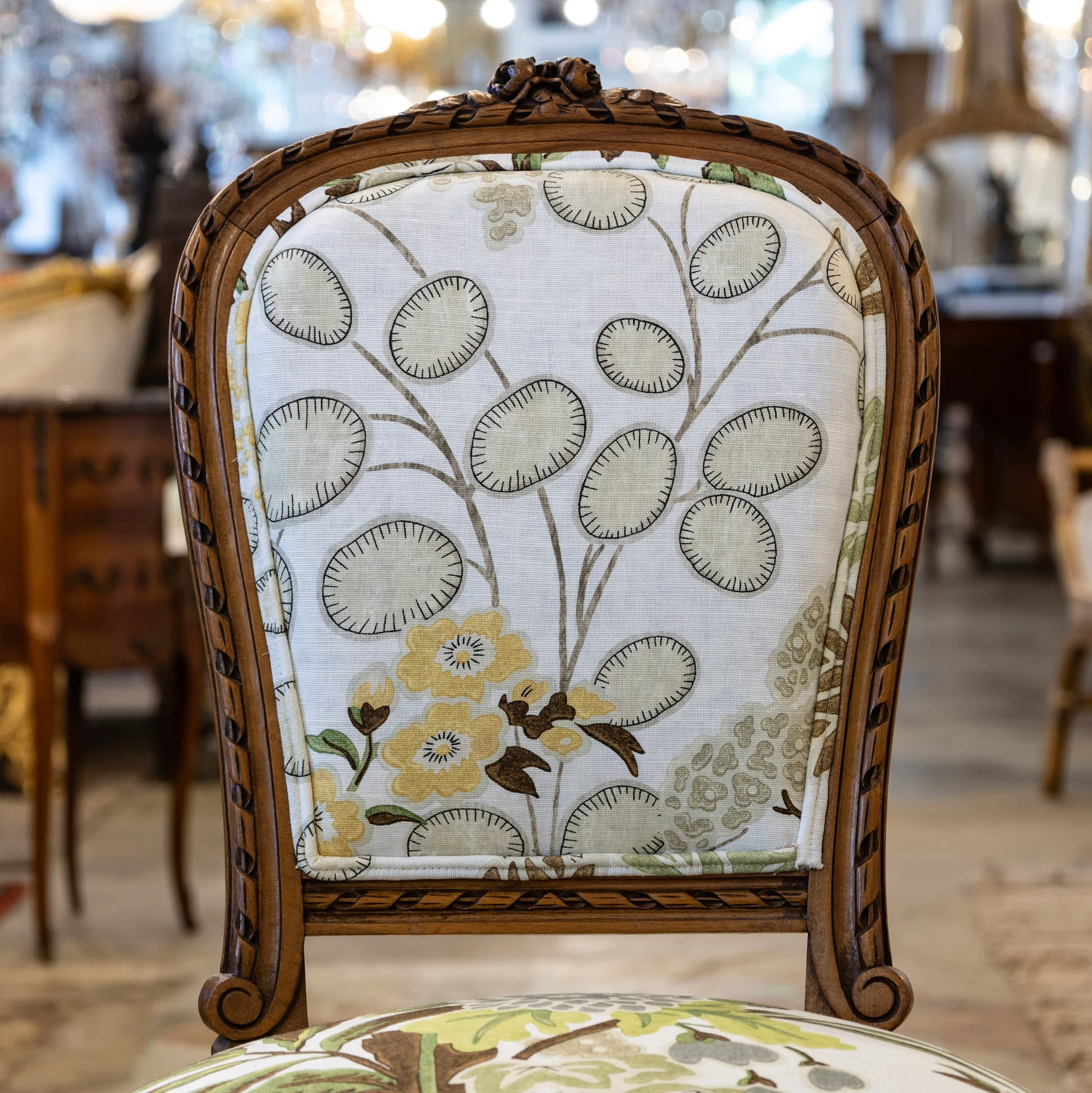 Pair of Louis XVI Side Chairs – Carved Brown Frame & Floral and Green Velvet Upholstery - Image 4