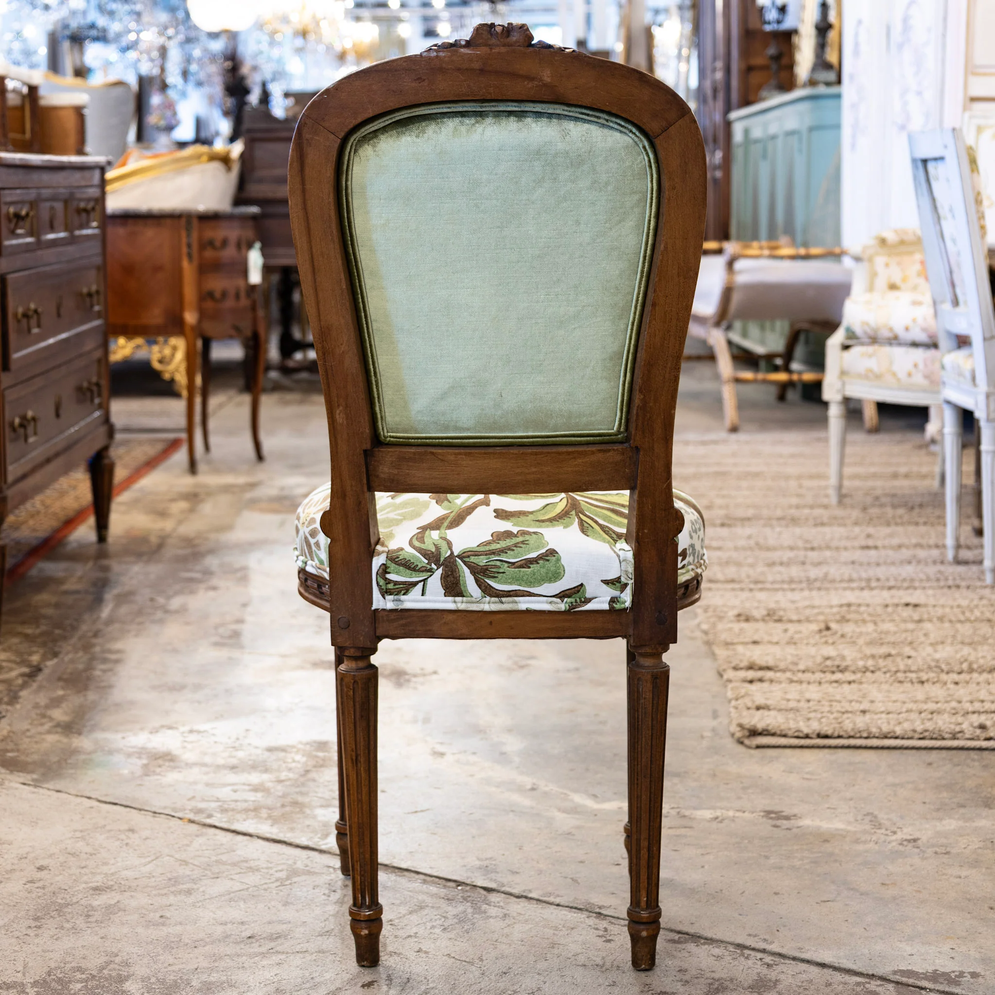 Pair of Louis XVI Side Chairs – Carved Brown Frame & Floral and Green Velvet Upholstery - Image 7
