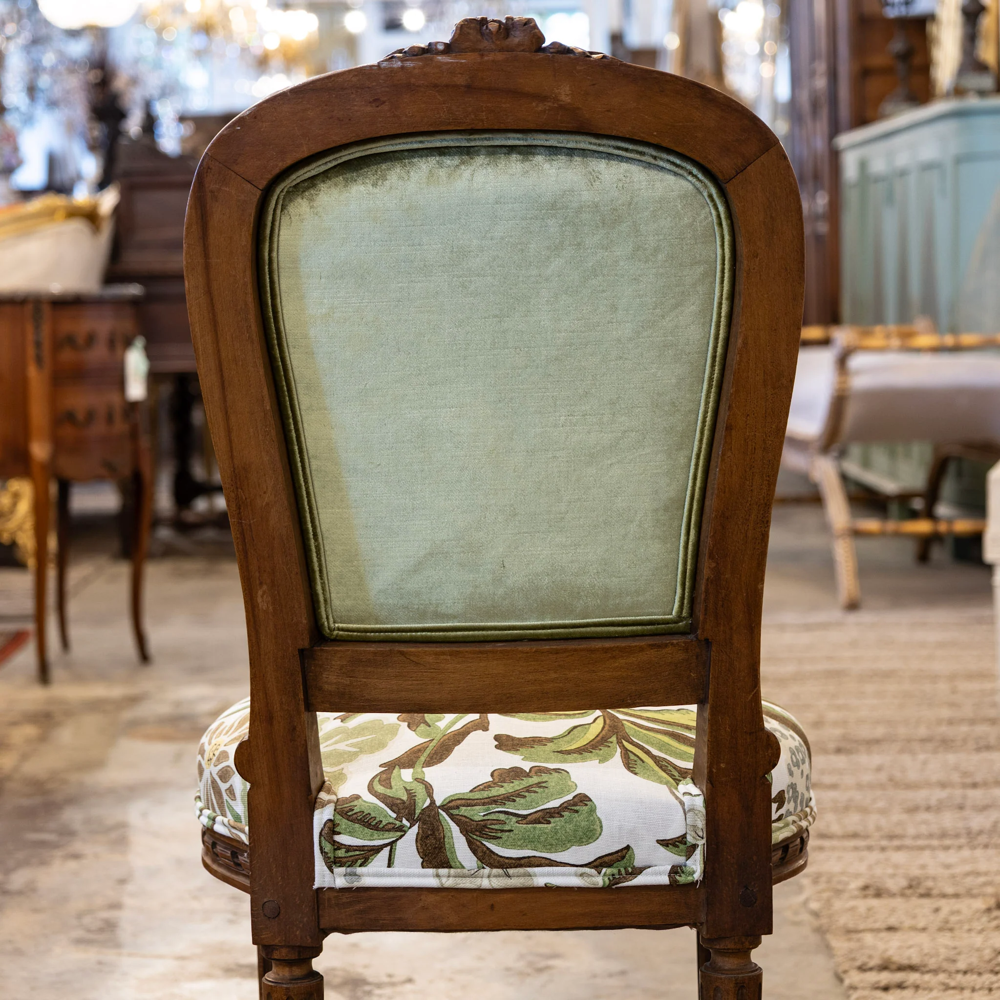 Pair of Louis XVI Side Chairs – Carved Brown Frame & Floral and Green Velvet Upholstery - Image 8