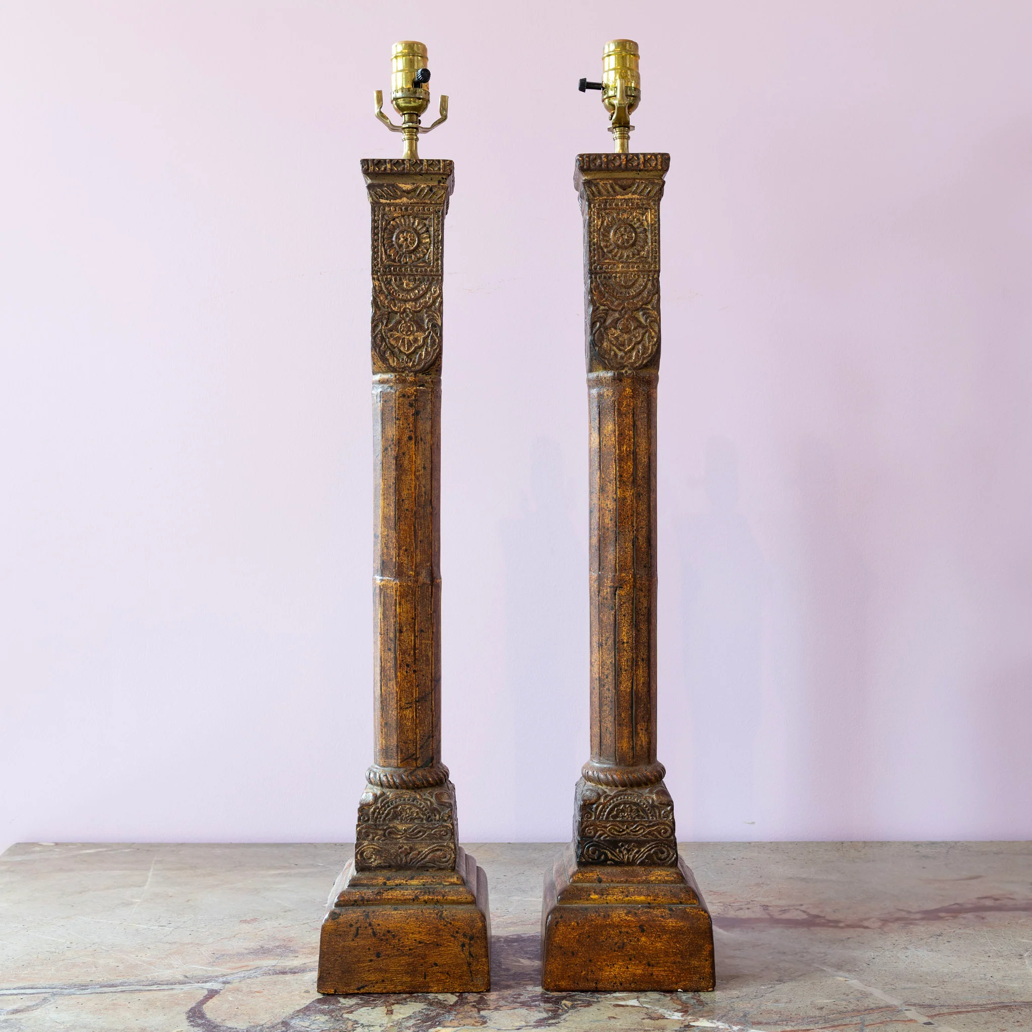 Pair of Louis XVI Tall Column Lamps – Carved Wood Apperance