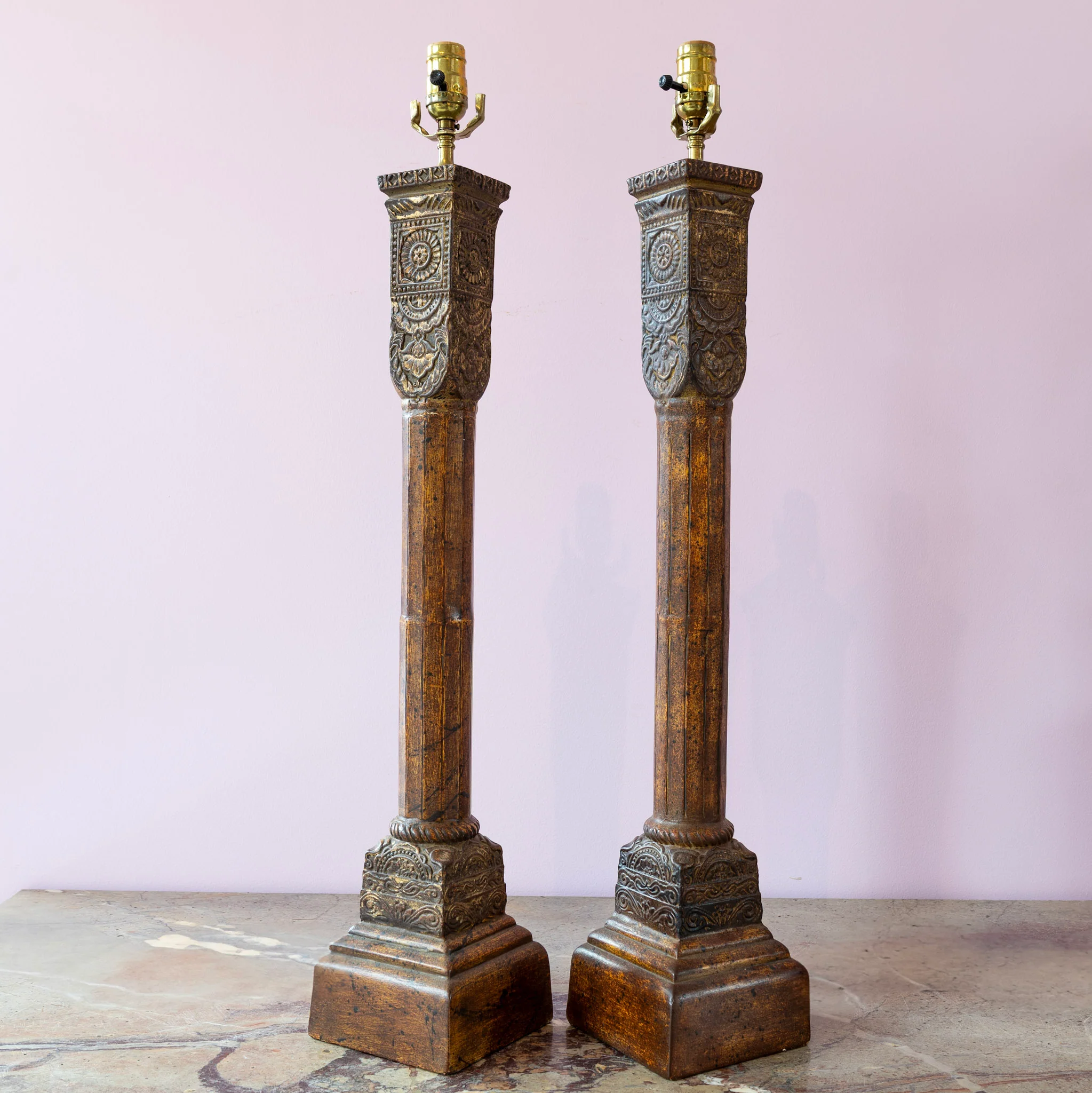 Pair of Louis XVI Tall Column Lamps – Carved Wood Apperance - Image 2