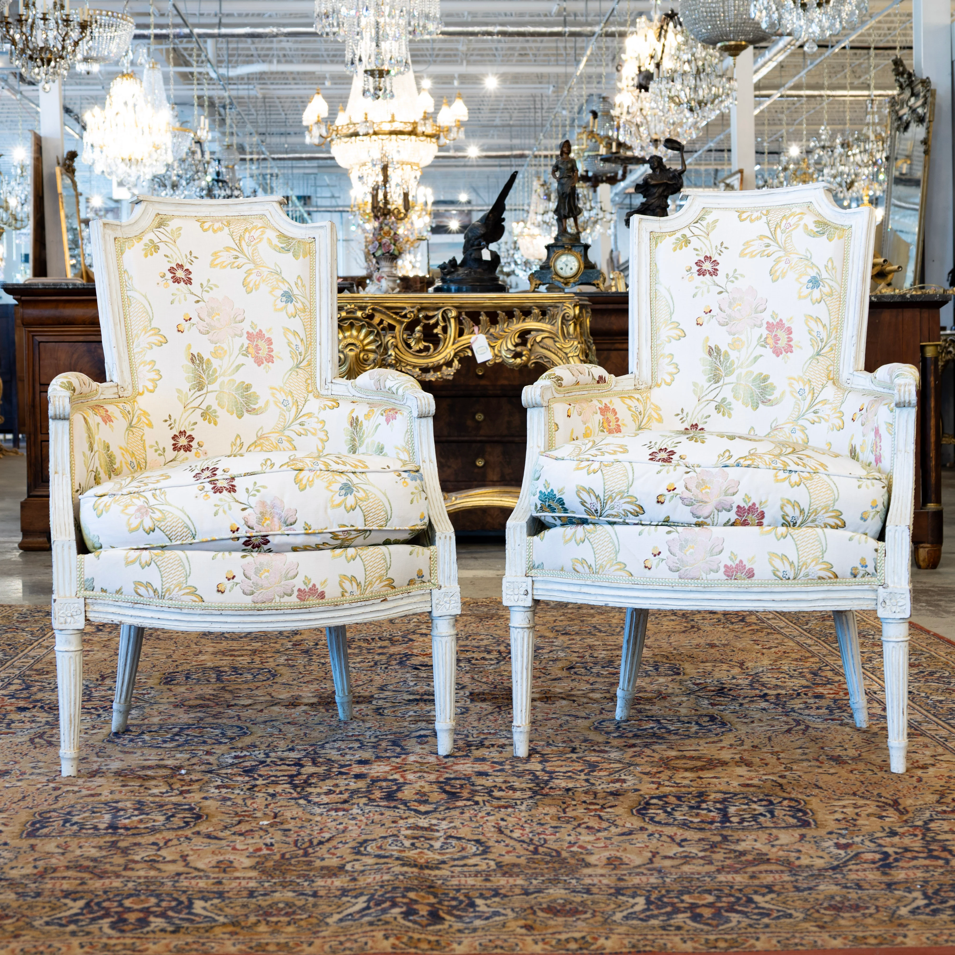 Pair of Louis XVI White Bergère Chair –Carved Frame & Original Floral Upholstery - Image 3