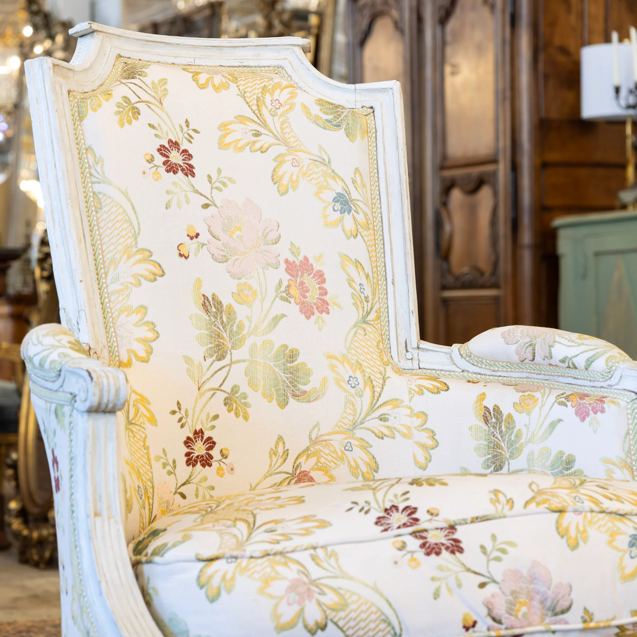 Pair of Louis XVI White Bergère Chair –Carved Frame & Original Floral Upholstery - Image 4